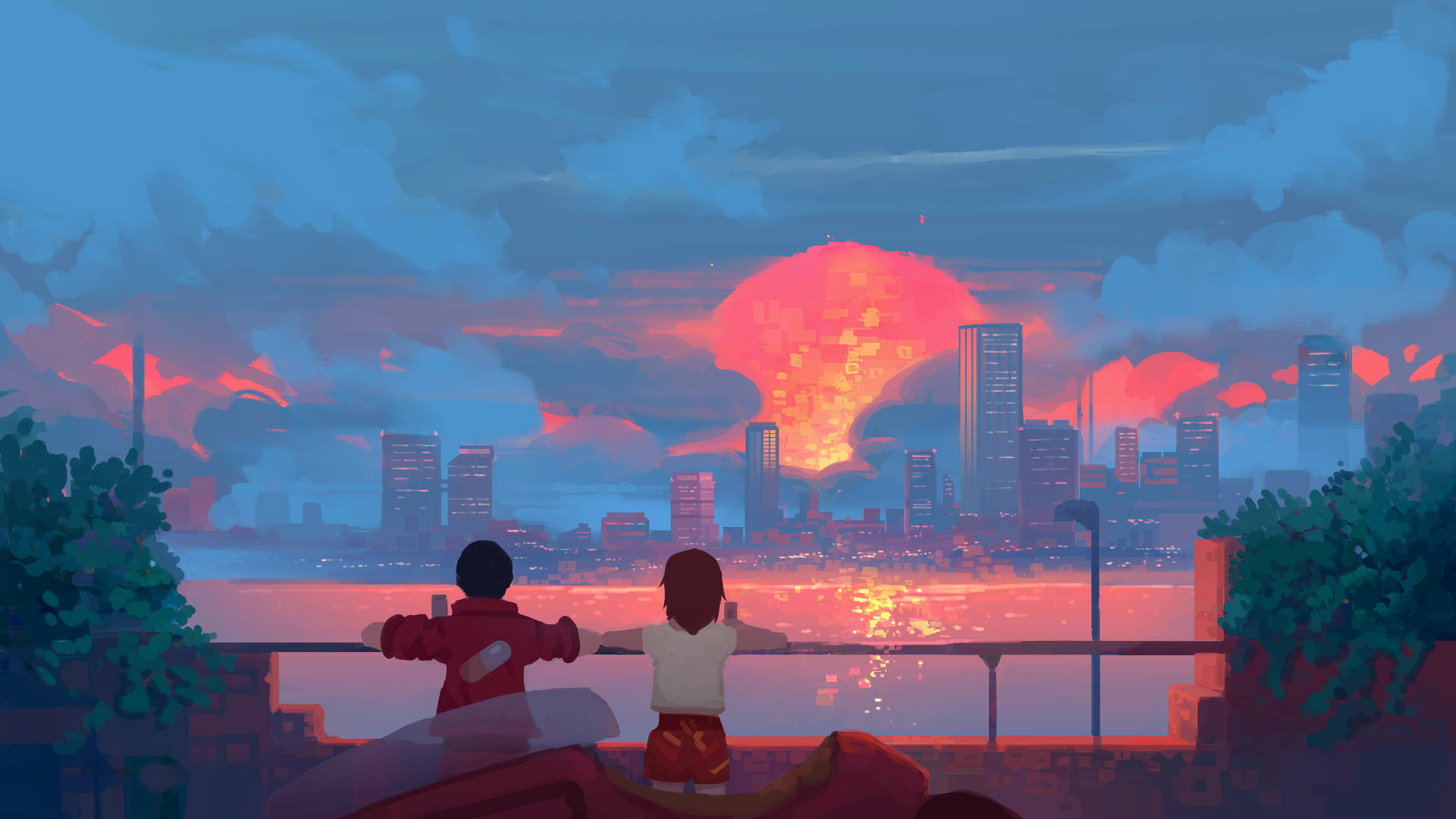Sunset Aesthetic Anime Couple Digital Painting