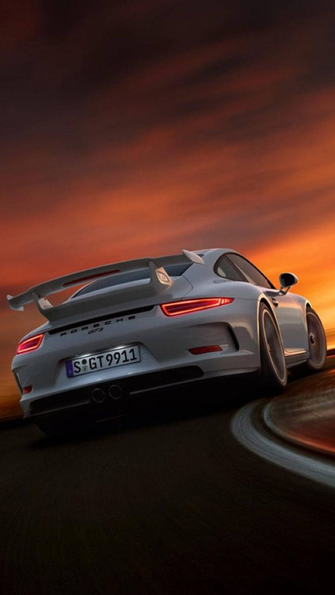 Sunset And White Porsche Gt3 Car Iphone