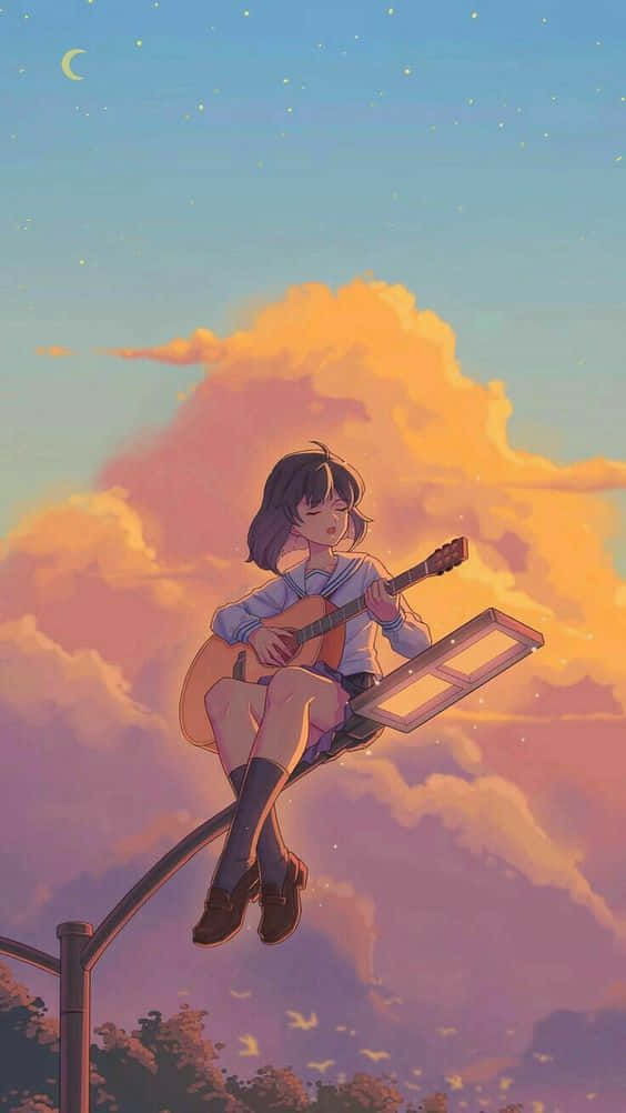 Sunset Anime Girl Aesthetic With Guitar Background