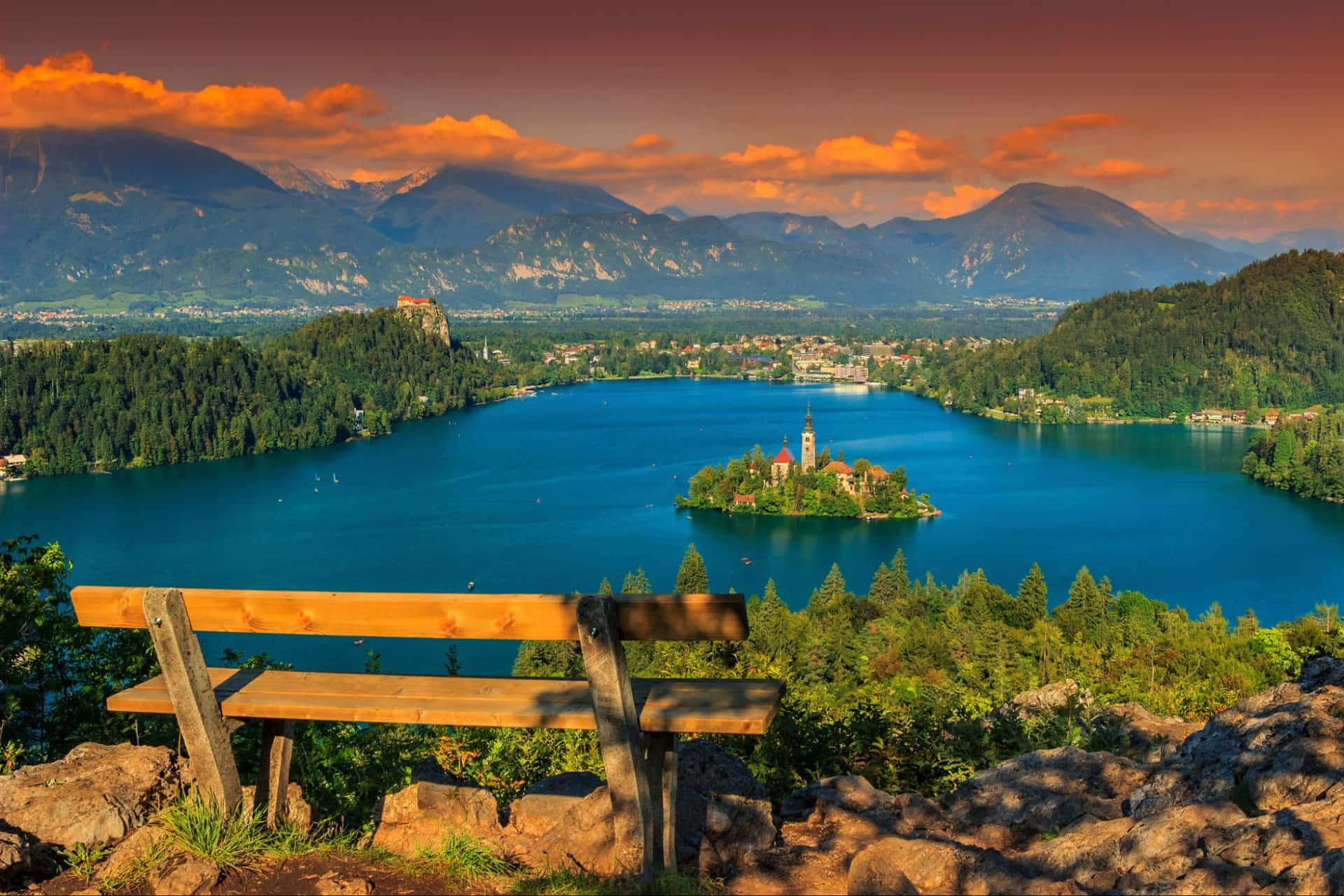 Sunset At Lake Bled Seen From The Mountain Peak