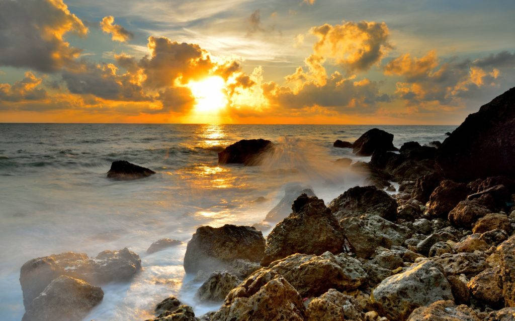 Sunset At Rocky Ocean Desktop Background