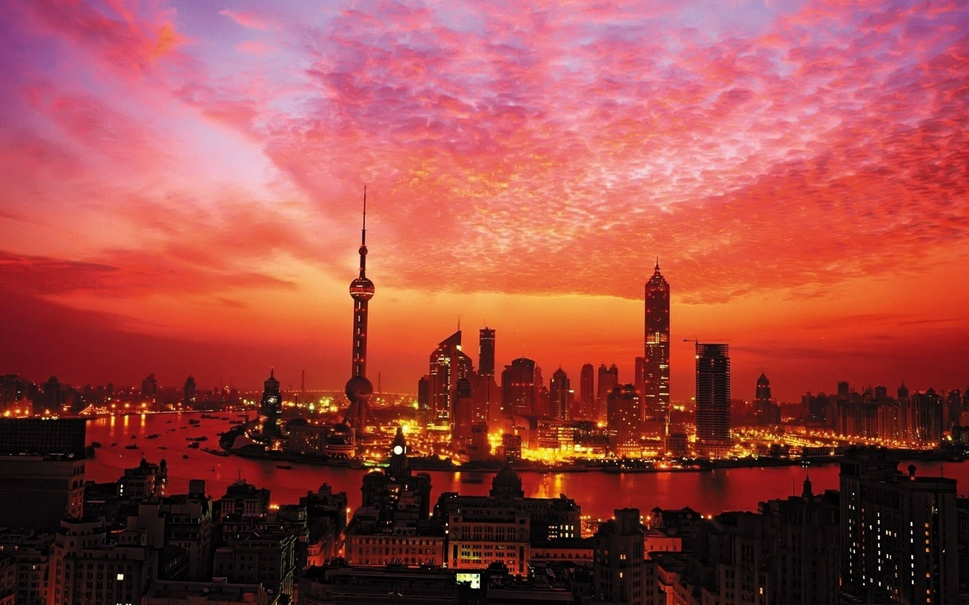 Sunset At Shanghai Skyline Background