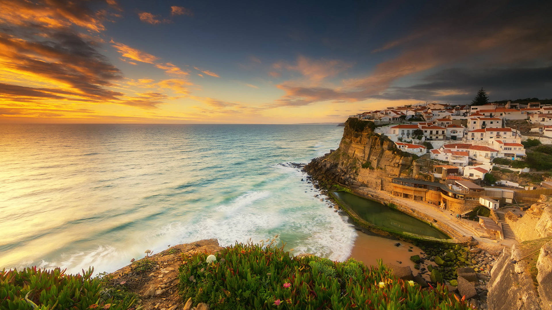 Sunset Azenha Do Mar Beach Sintra Background