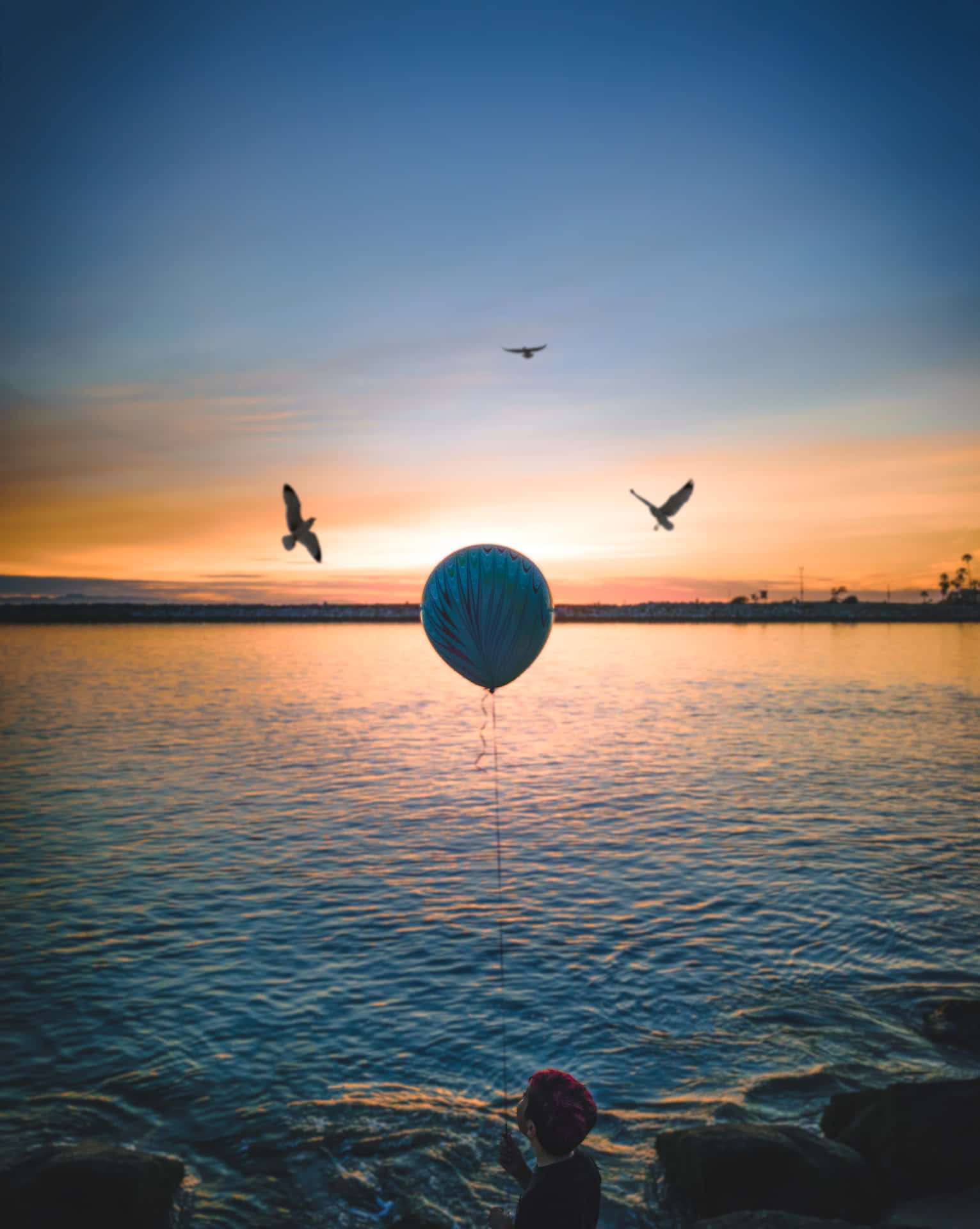 Sunset Balloon Child Seashore Background