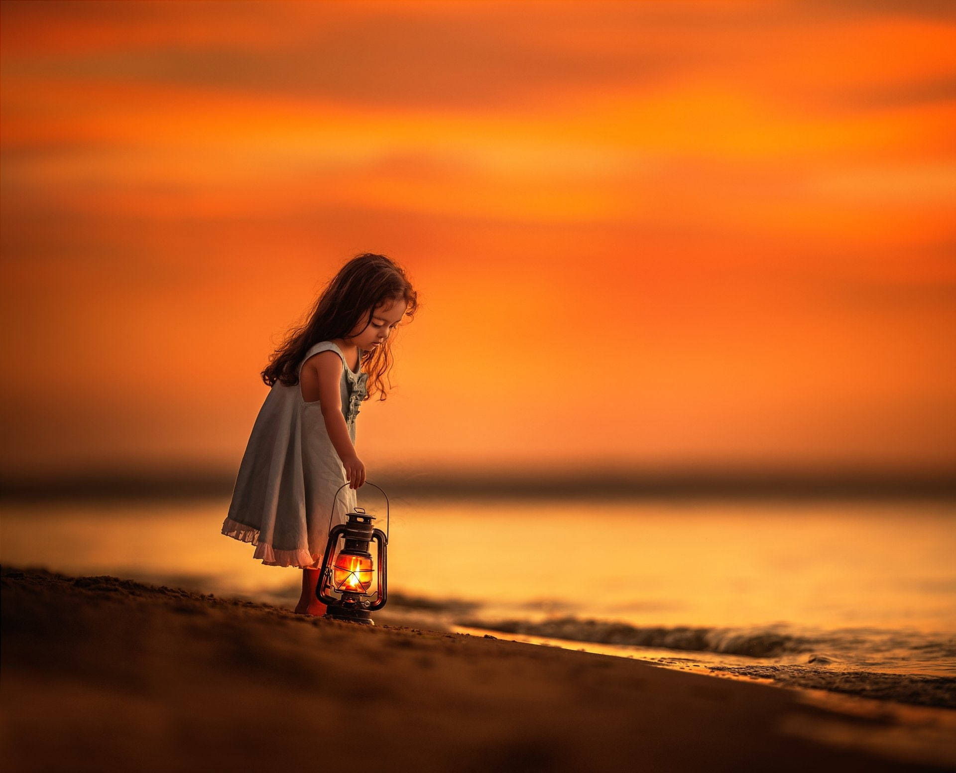 Sunset Beach Girl With Lamp Background