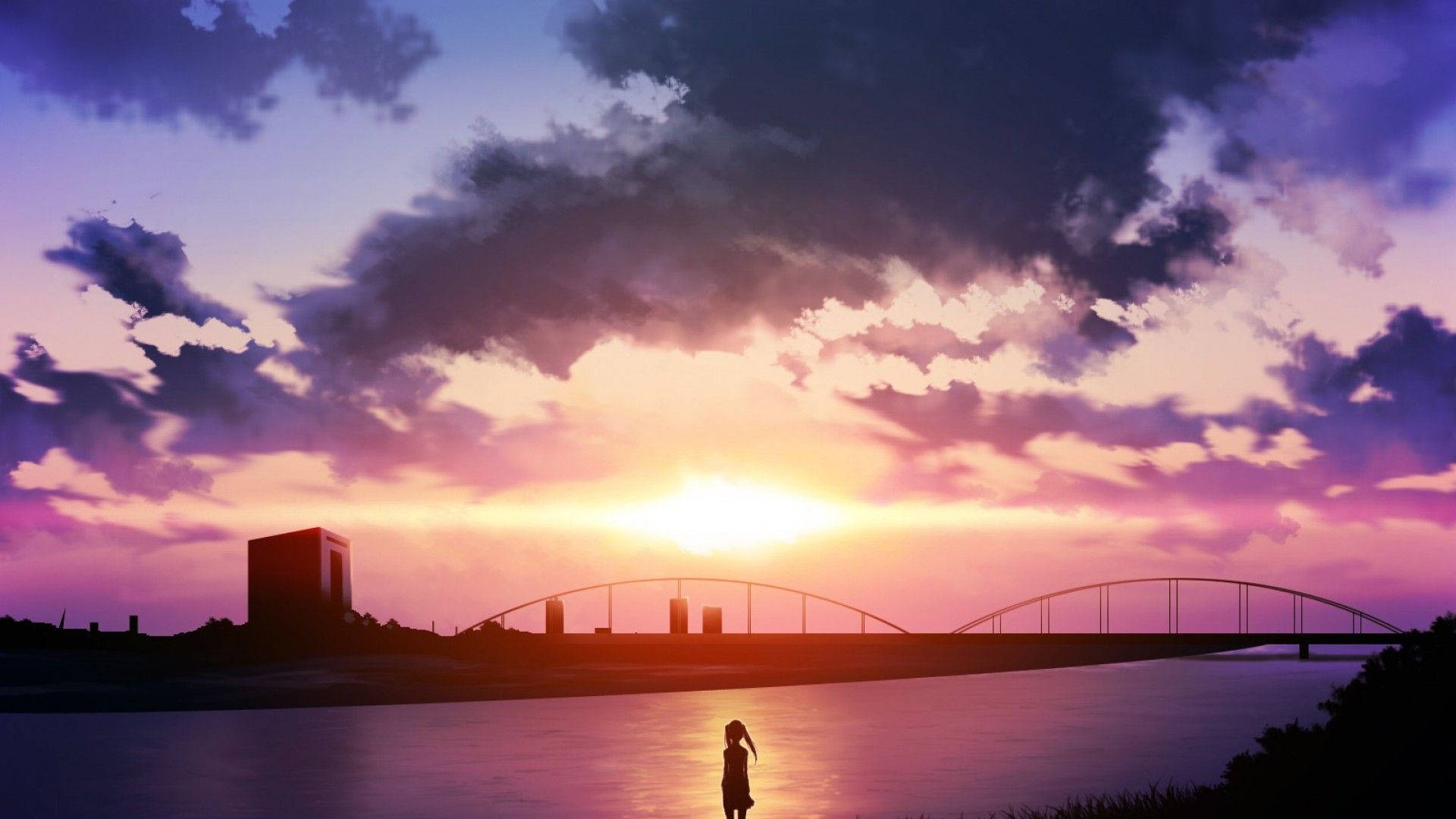 Sunset By The Bridge Anime Scenery Background