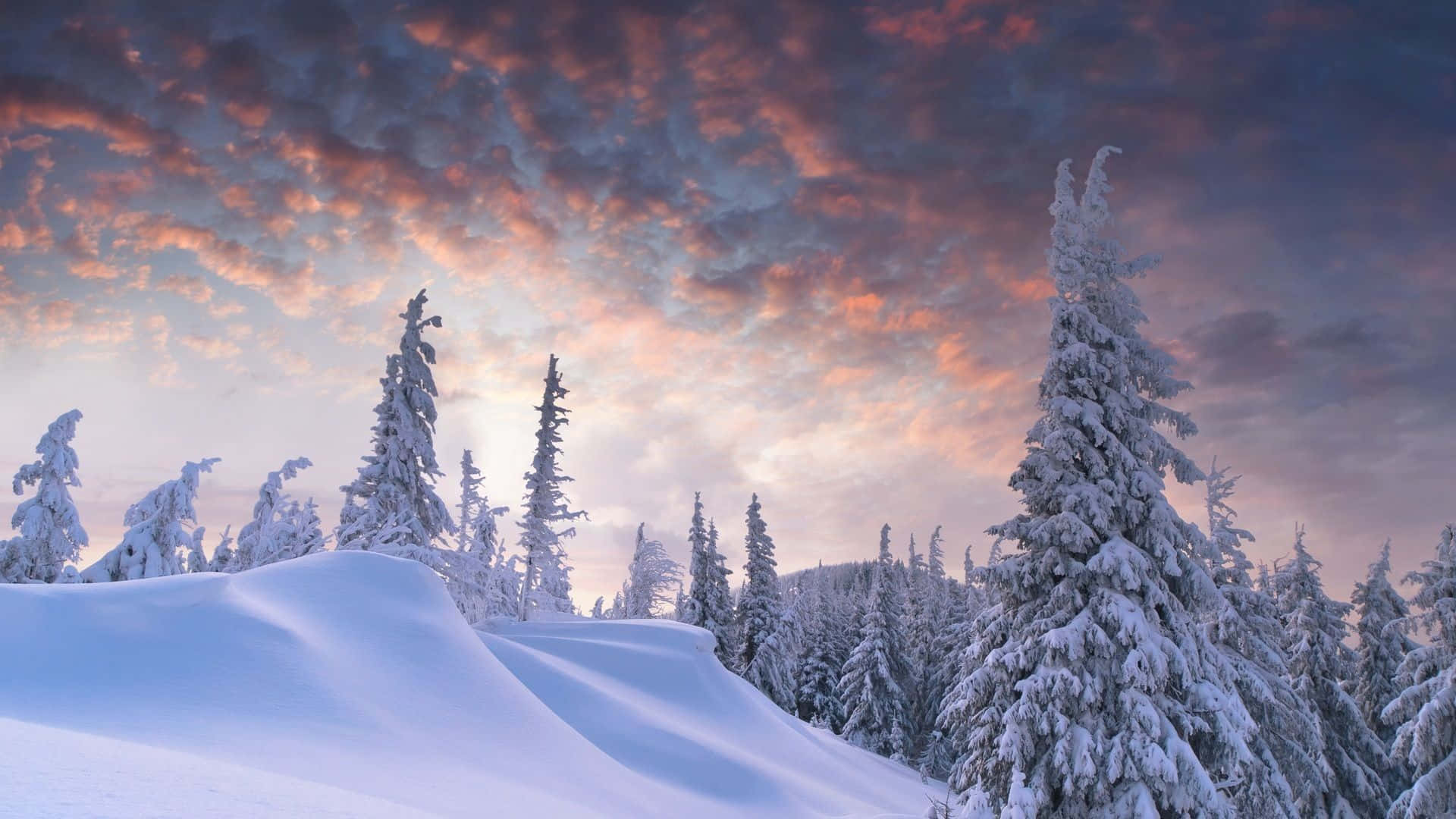 Sunset Clouds Over Winter Scenery Desktop Background