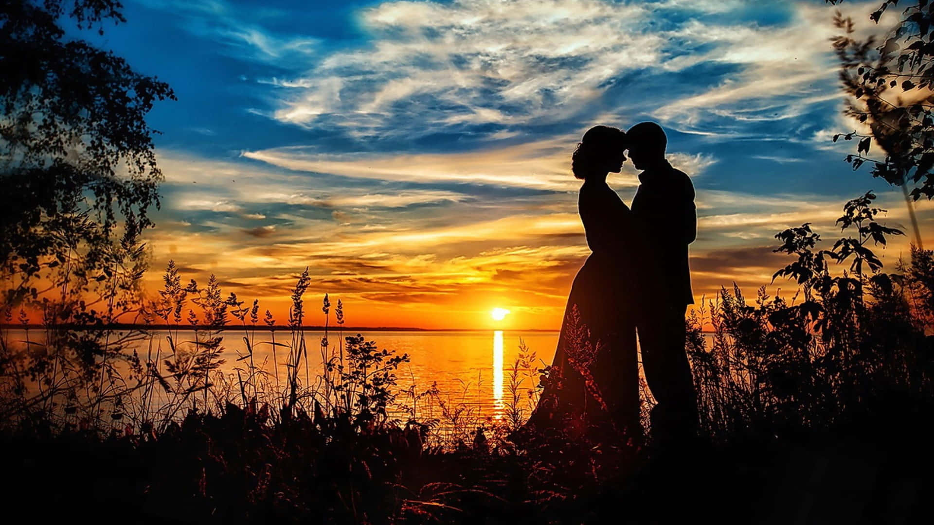 Sunset Couple Lake Background