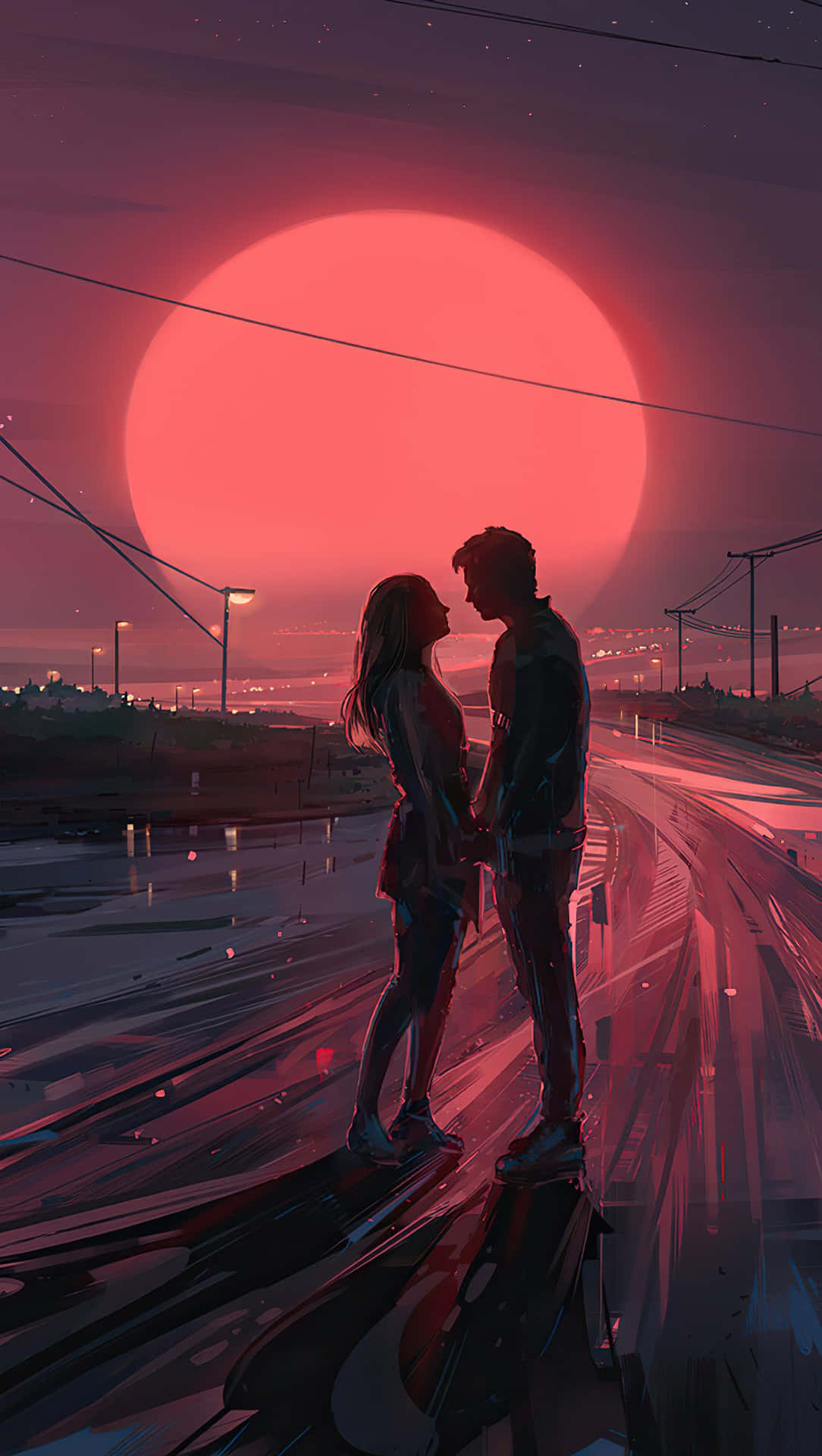 Sunset Couple Pink Anime Art Background