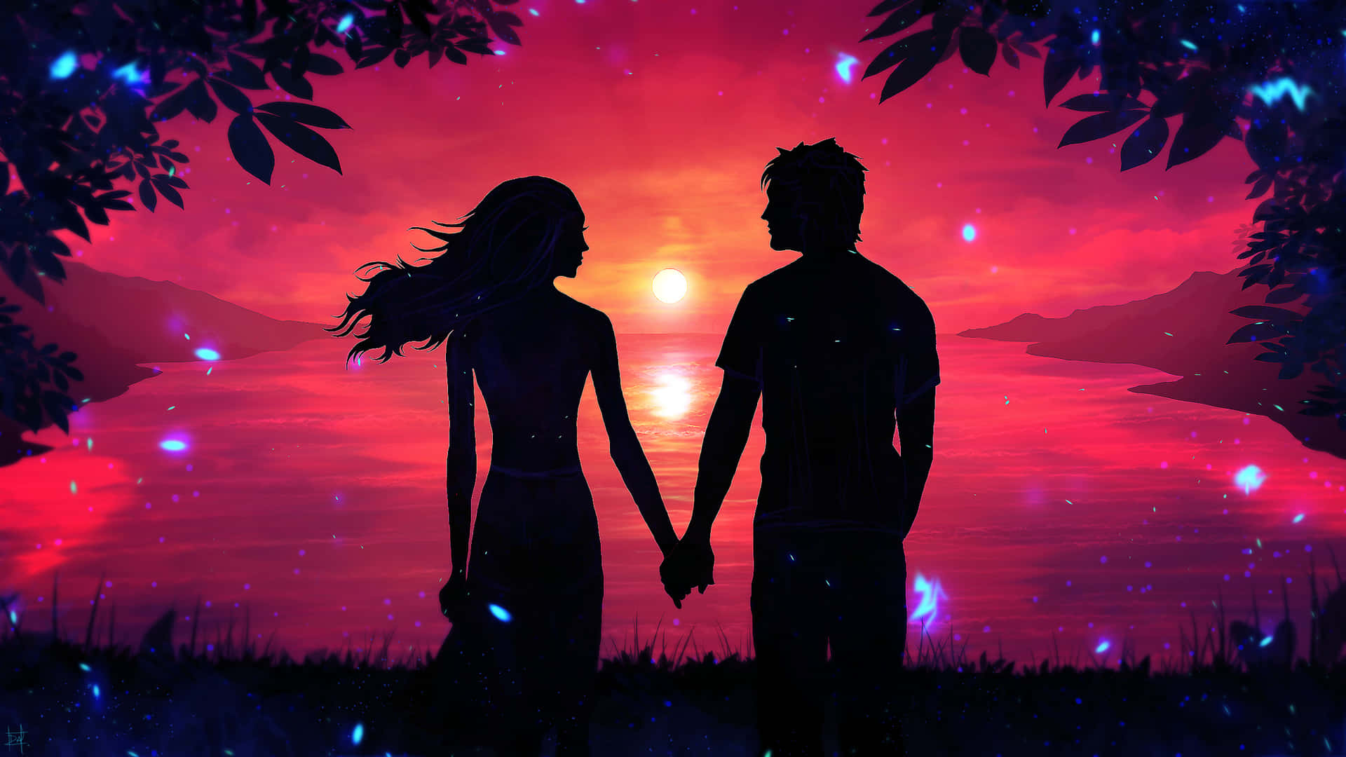 Sunset Couple Pink Art Background