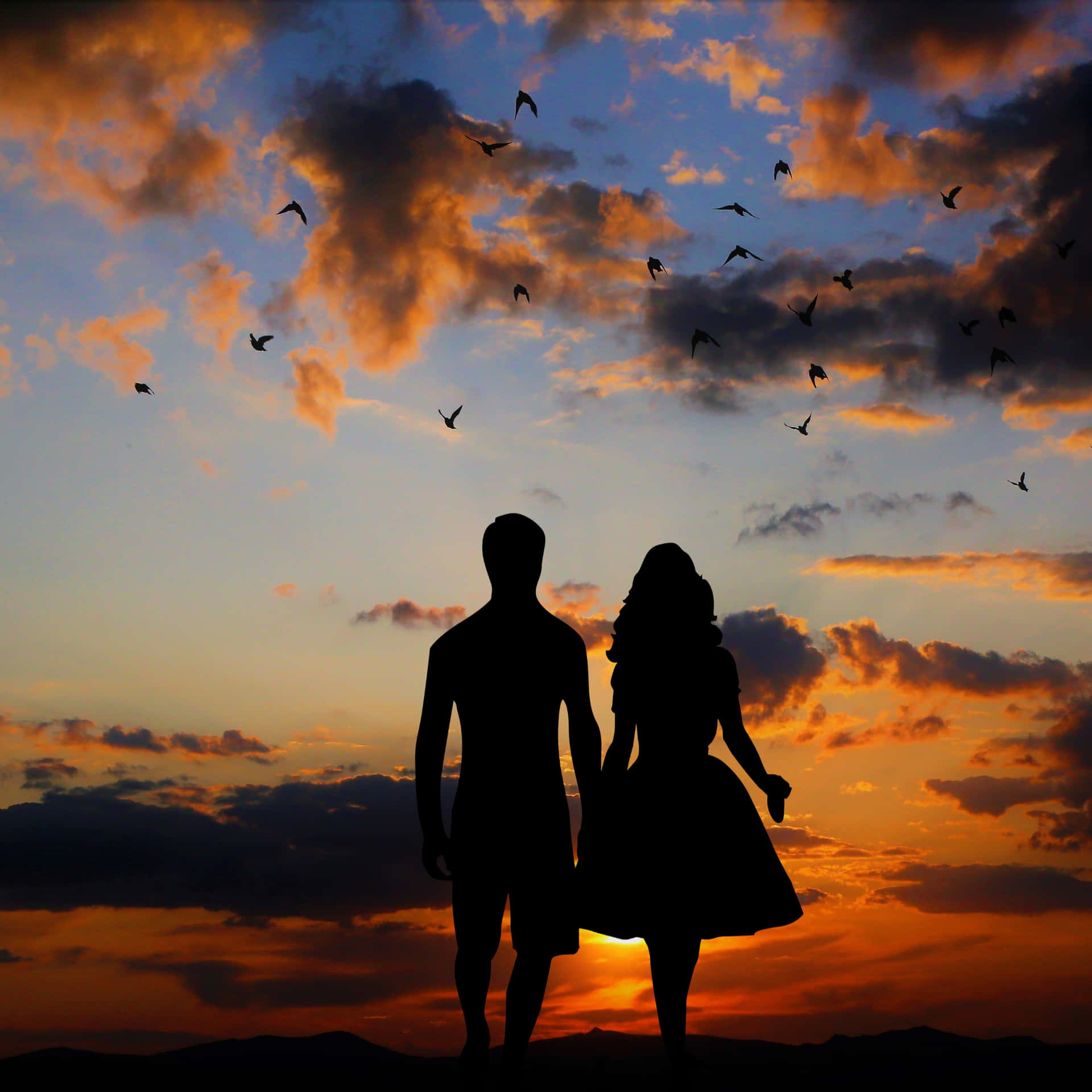 Sunset Couple With Birds Background