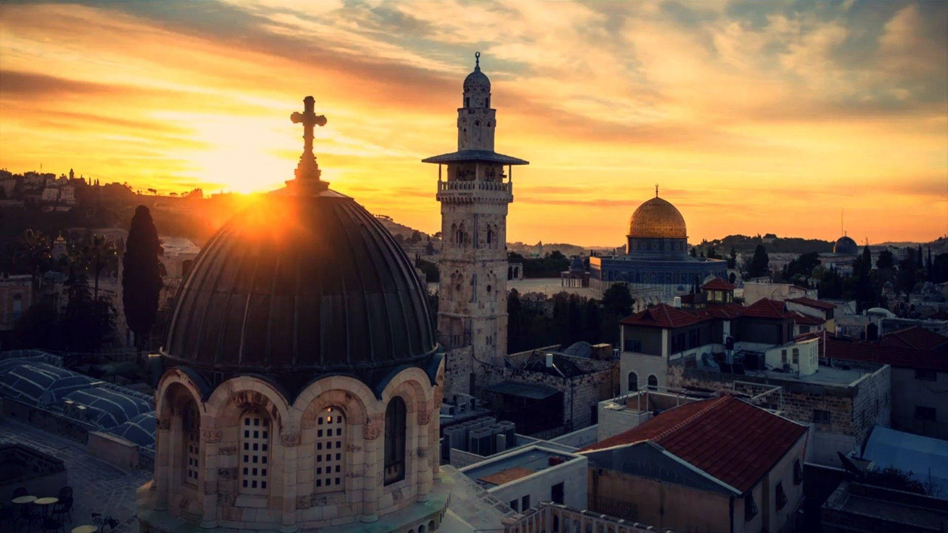 Sunset Distance Dome Of The Rock Background