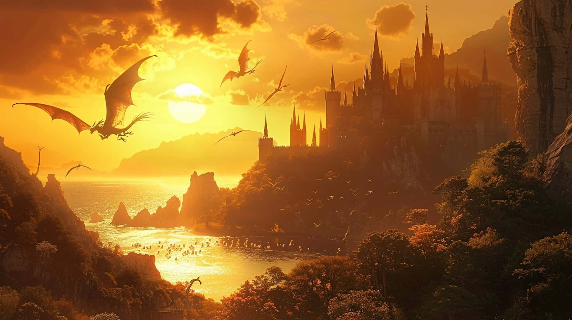 Sunset_ Dragon_ Flight_ Over_ Fantasy_ Castle Background
