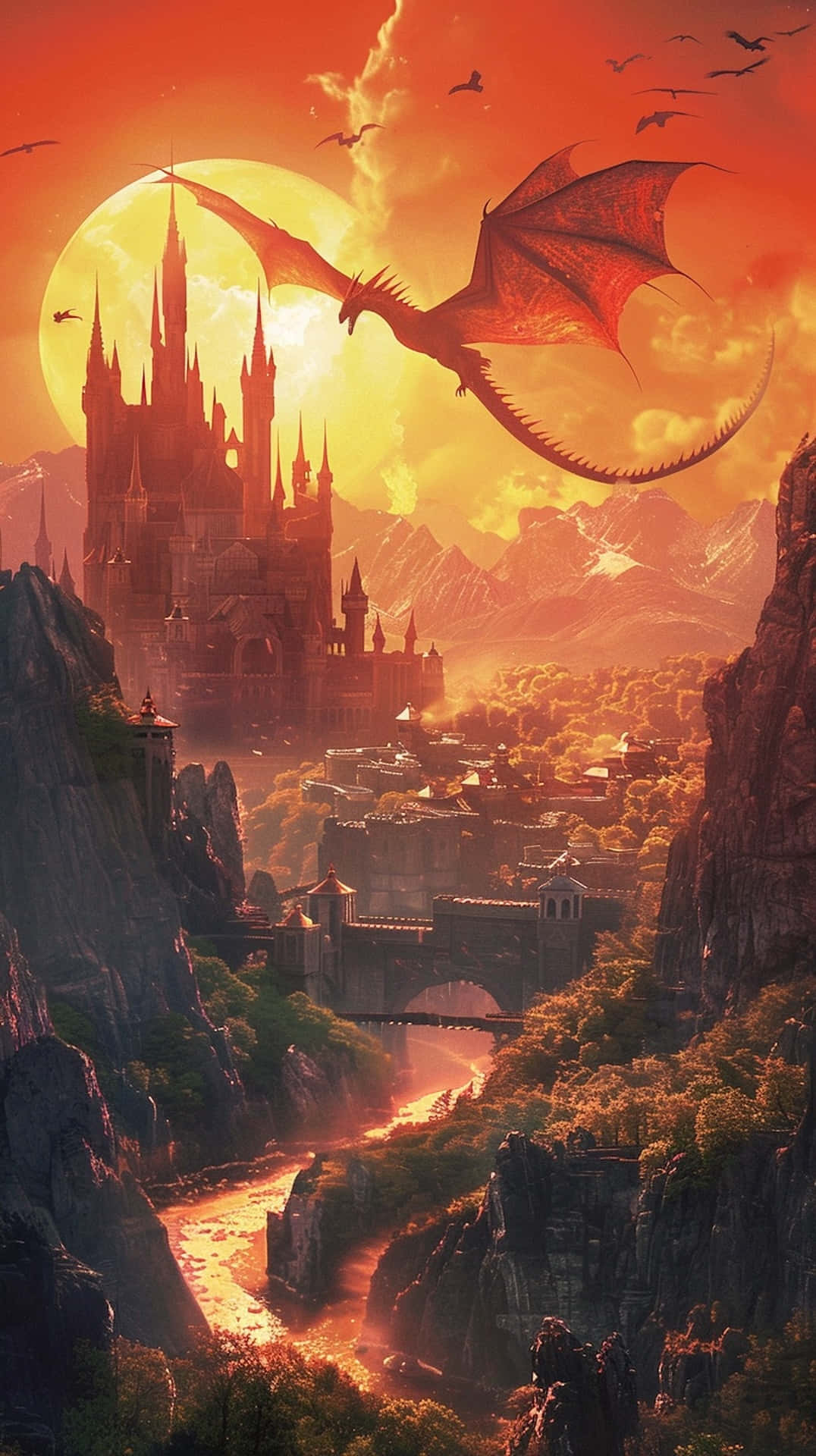 Sunset_ Dragon_ Flight_ Over_ Fantasy_ Kingdom Background