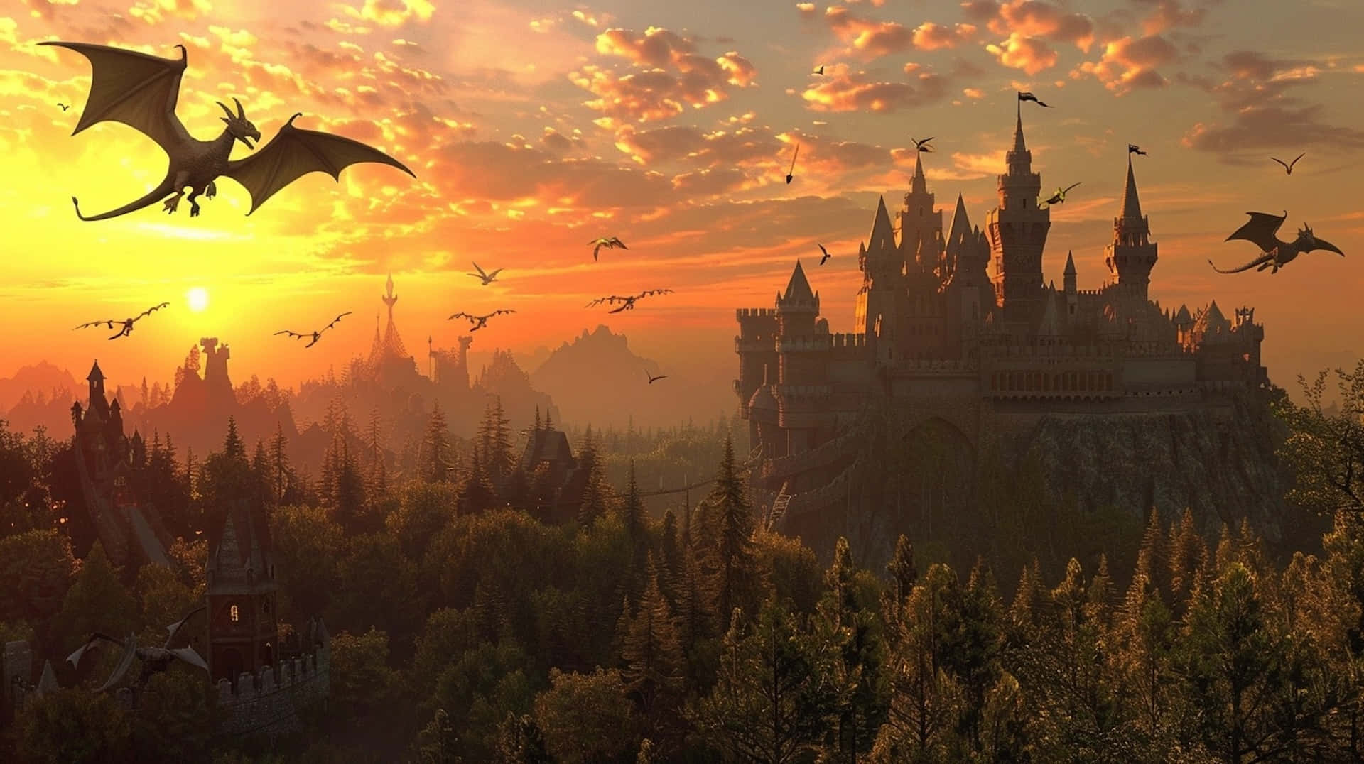 Sunset_ Dragon_ Flight_ Over_ Medieval_ Castle Background