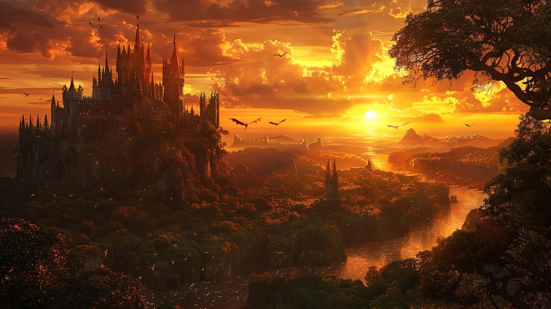 Sunset_ Fantasy_ Castle_ Landscape Background