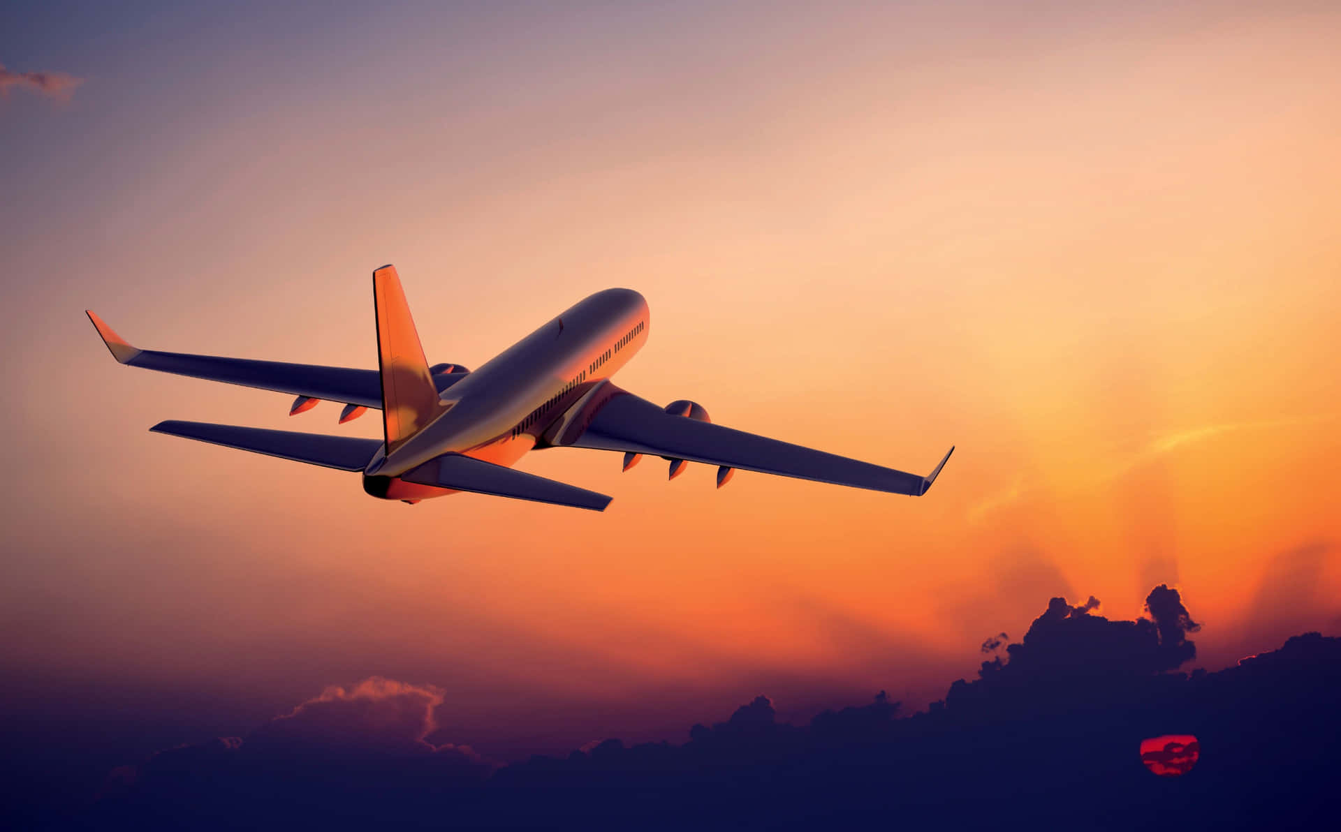 Sunset Hour With Ascending Plane 4k Ultra Hd Background