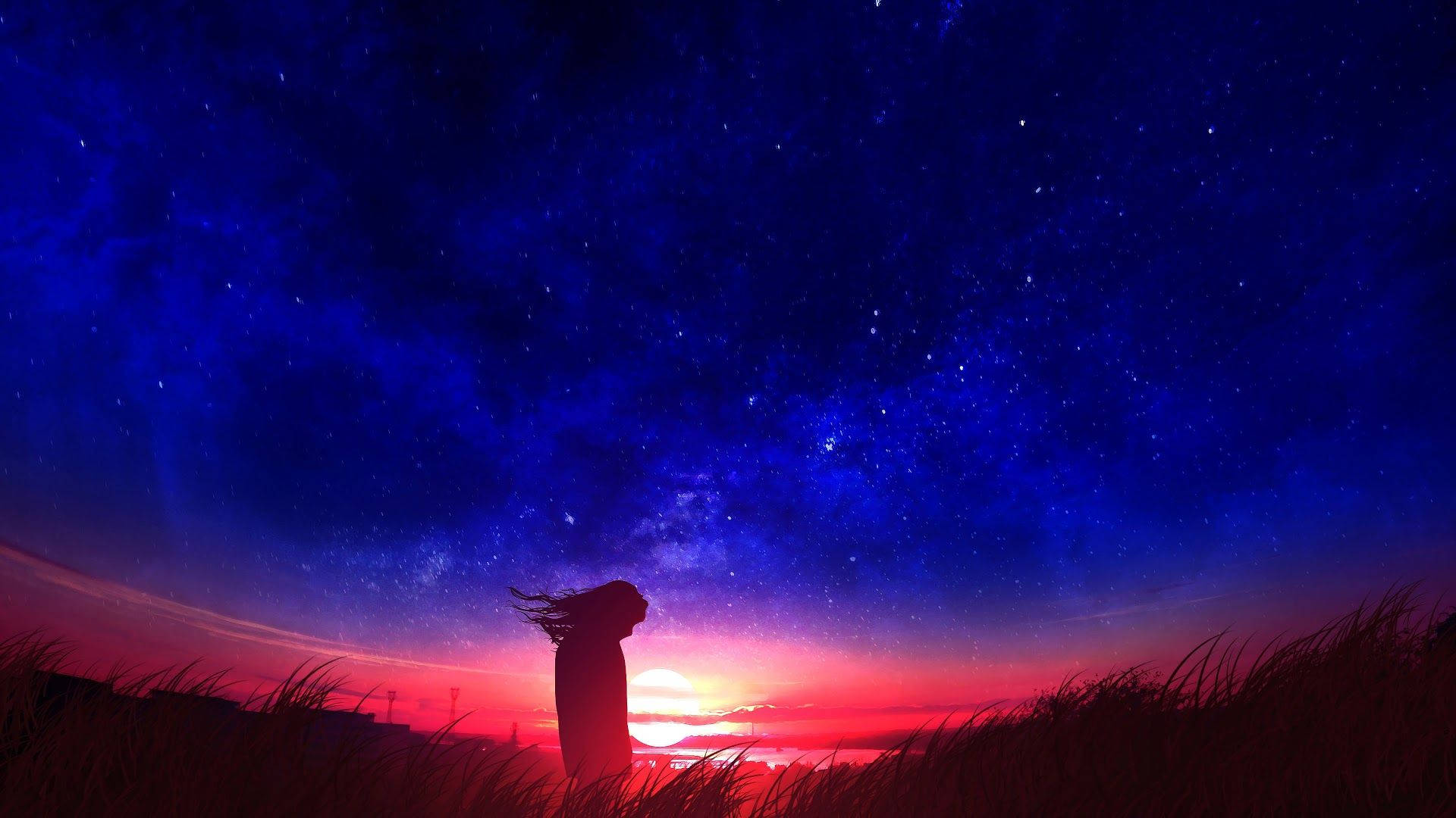 Sunset In Fields Anime Night Sky Background