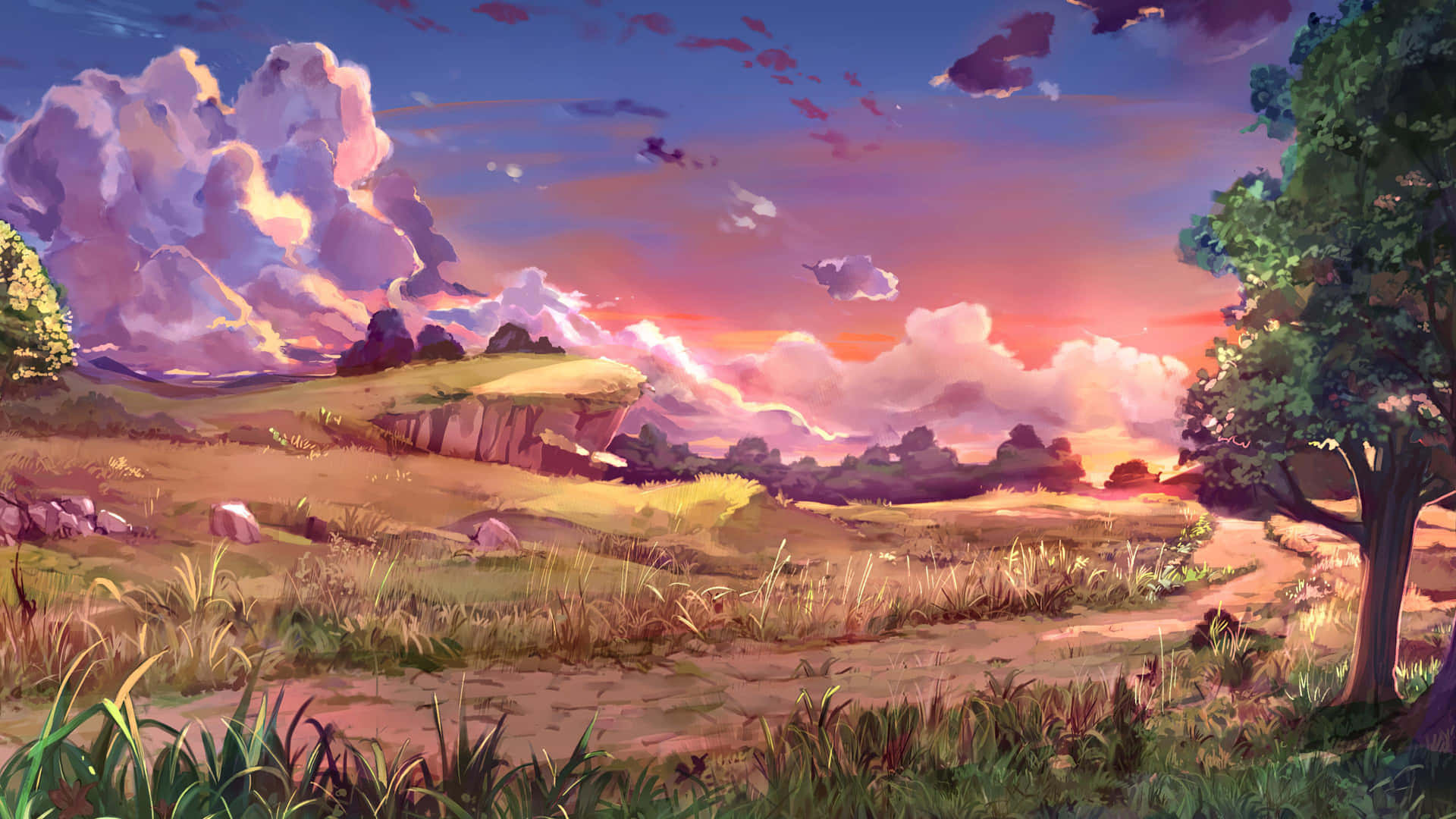 Sunset Meadow Landscape Art4 K Background