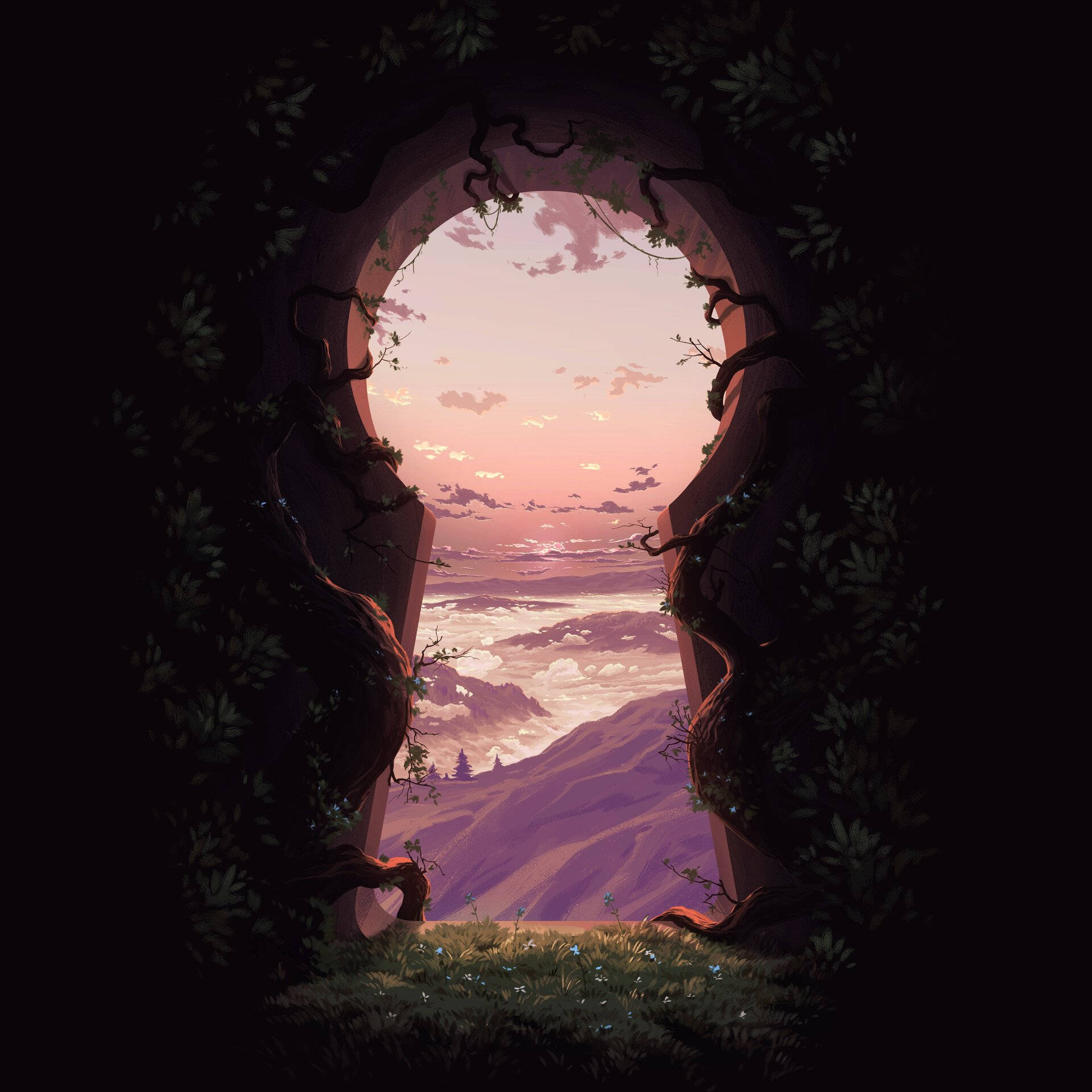 Sunset Mountain View Through Key Opening Background