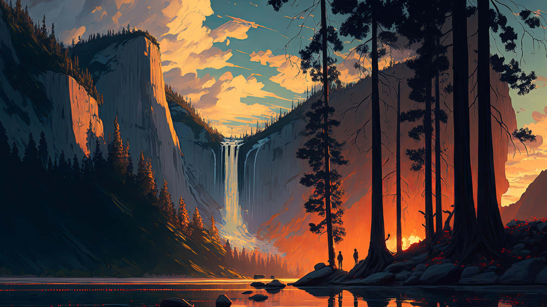 Sunset_ Mountain_ Waterfall_ Silhouette_ Artwork Background