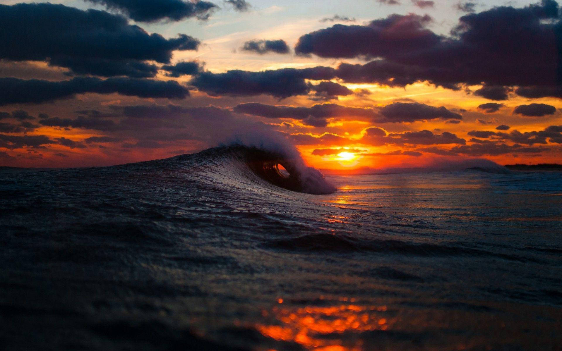 Sunset Ocean Big Wave Background