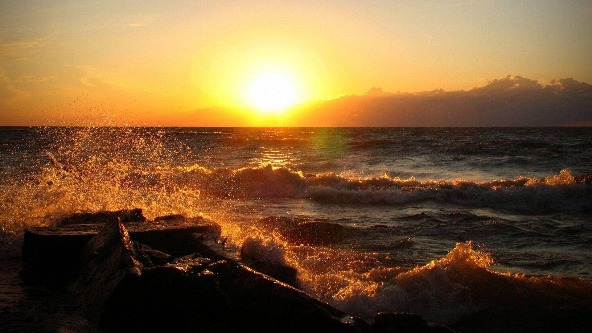 Sunset Ocean Crashing Waves Background