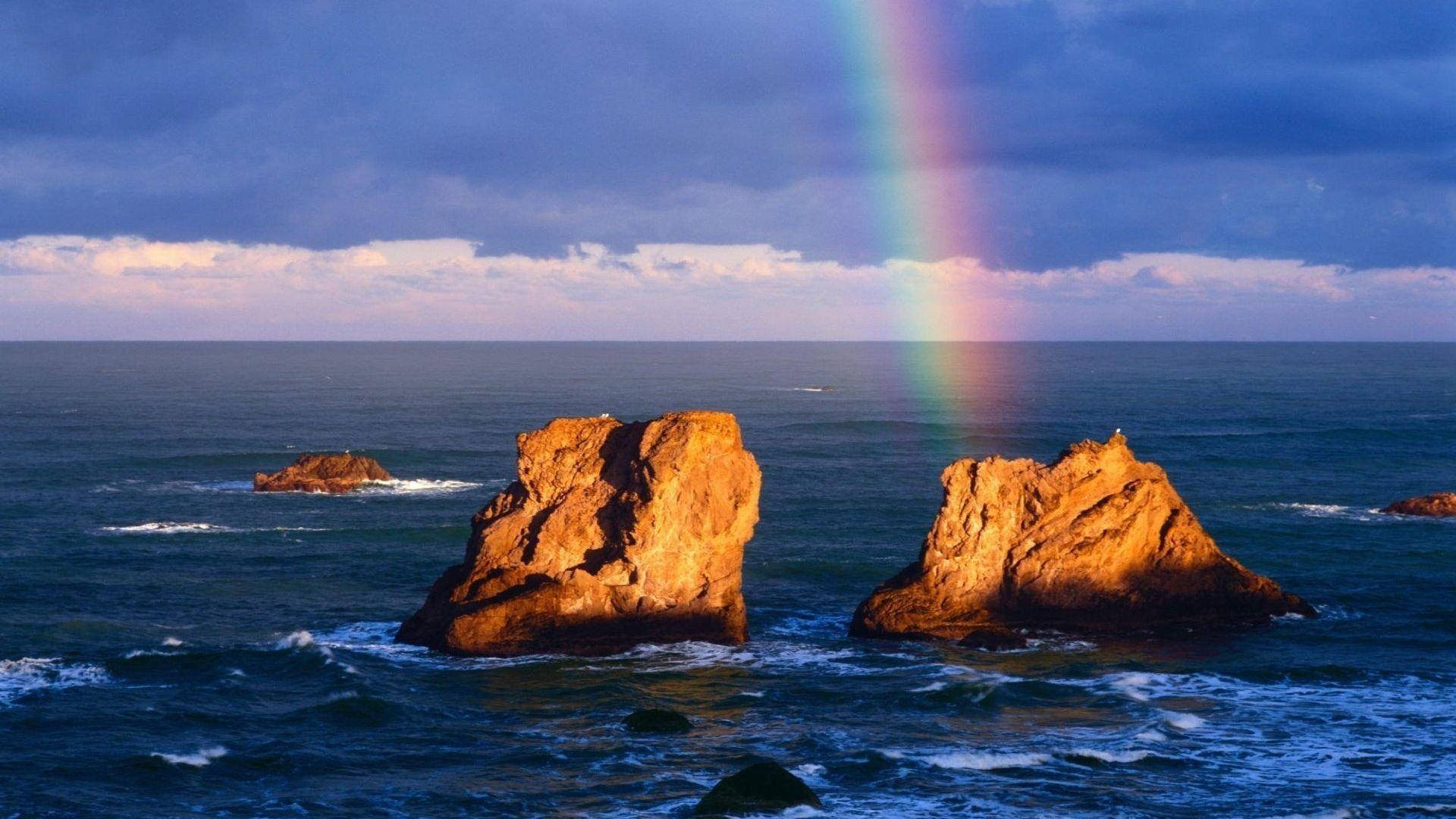 Sunset Ocean Rainbow Background