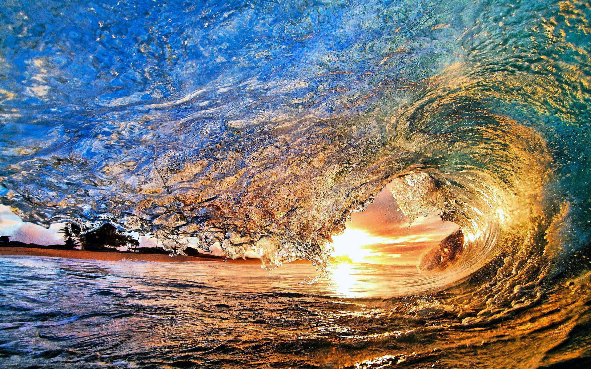 Sunset Ocean Through Wave Background