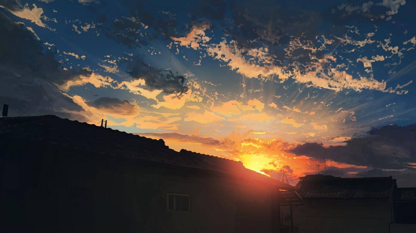 Sunset Over Houses Aesthetic Anime Scenery Background