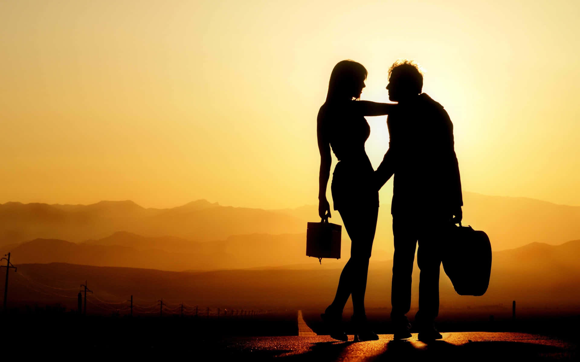 Sunset Sad Couple Silhouette Background