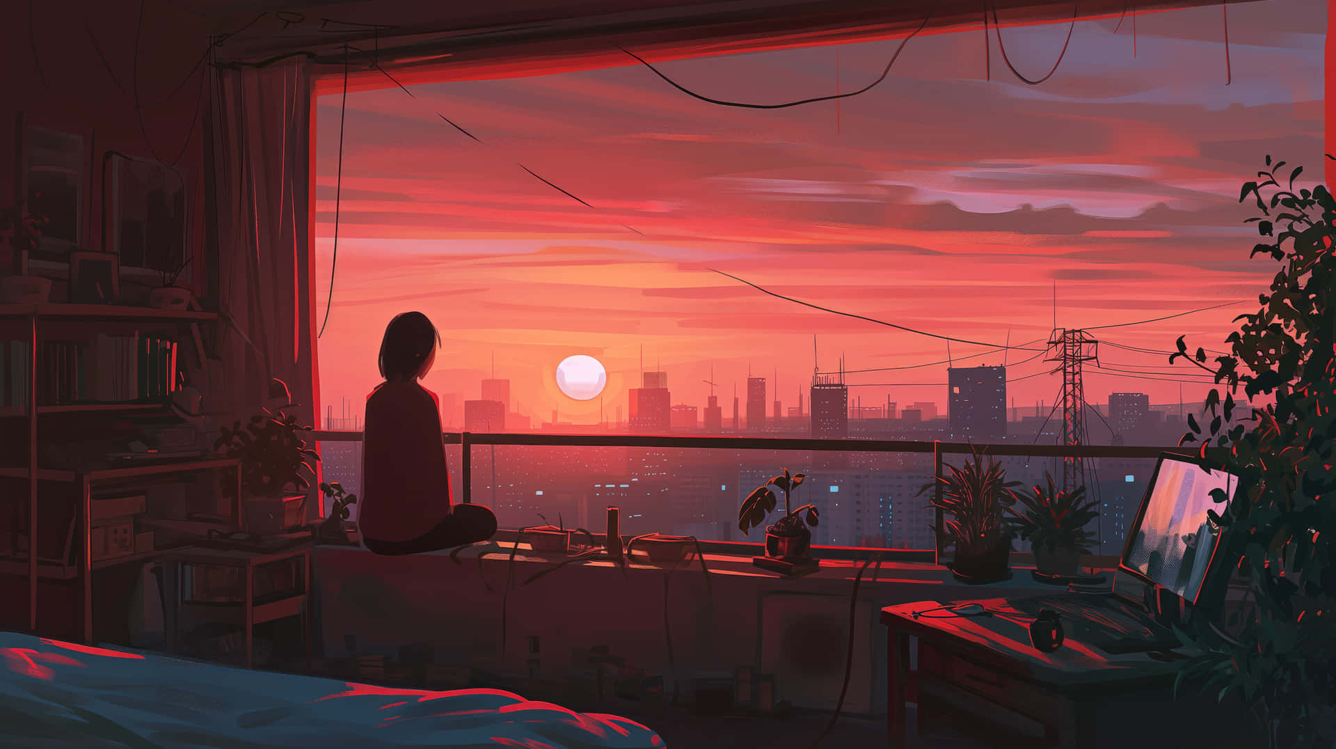Sunset Silhouette Anime Roomscape Background