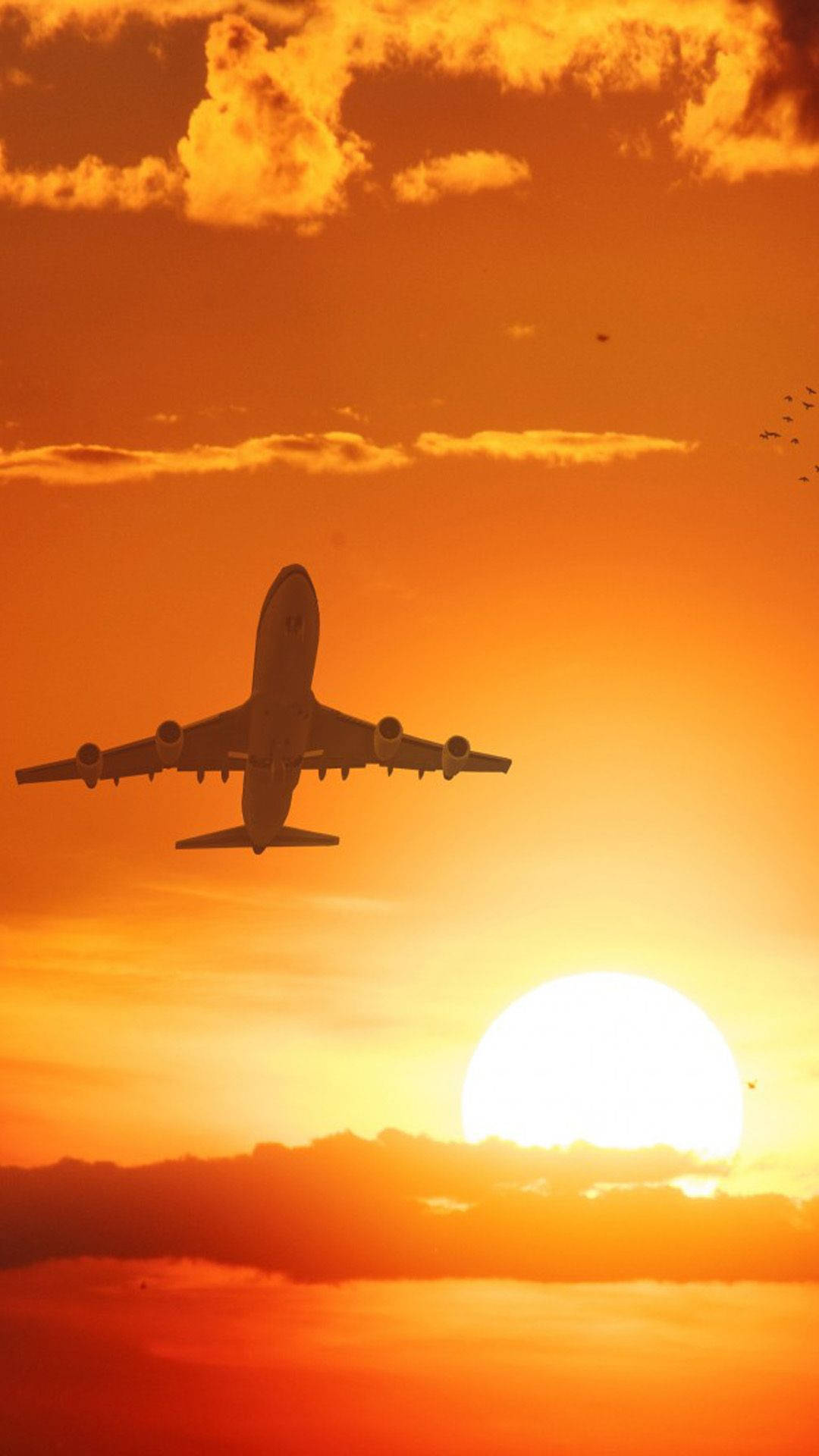 Sunset Silhouette Of Airplane Android Background