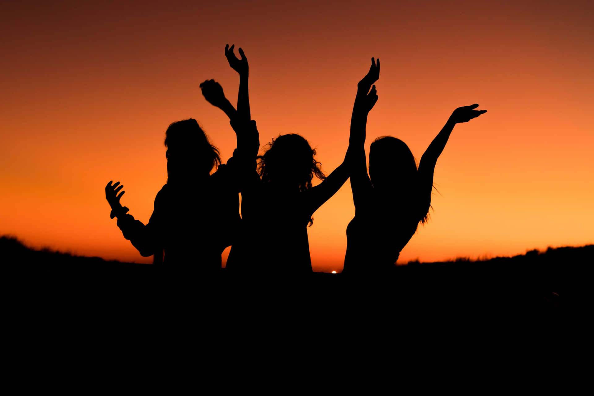 Sunset Silhouette Of Three Women Group Of Friends