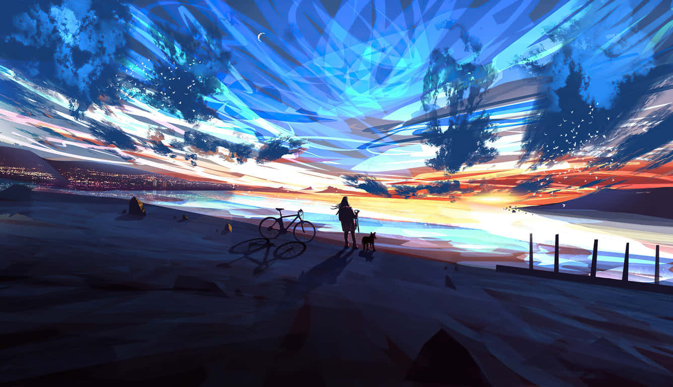 Sunset Silhouettes Anime Beach Scene Background