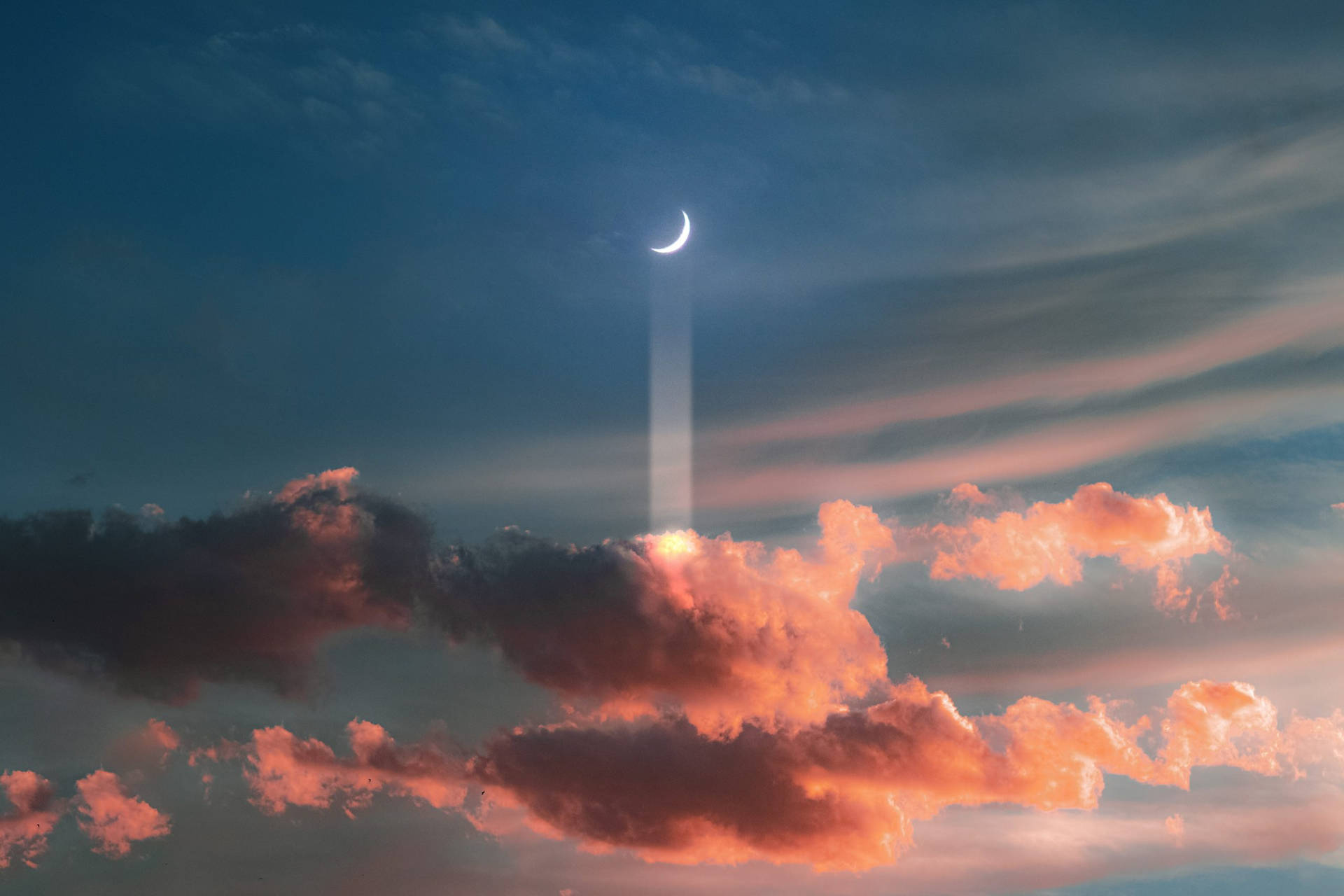 Sunset Sky With Crescent Moon Background