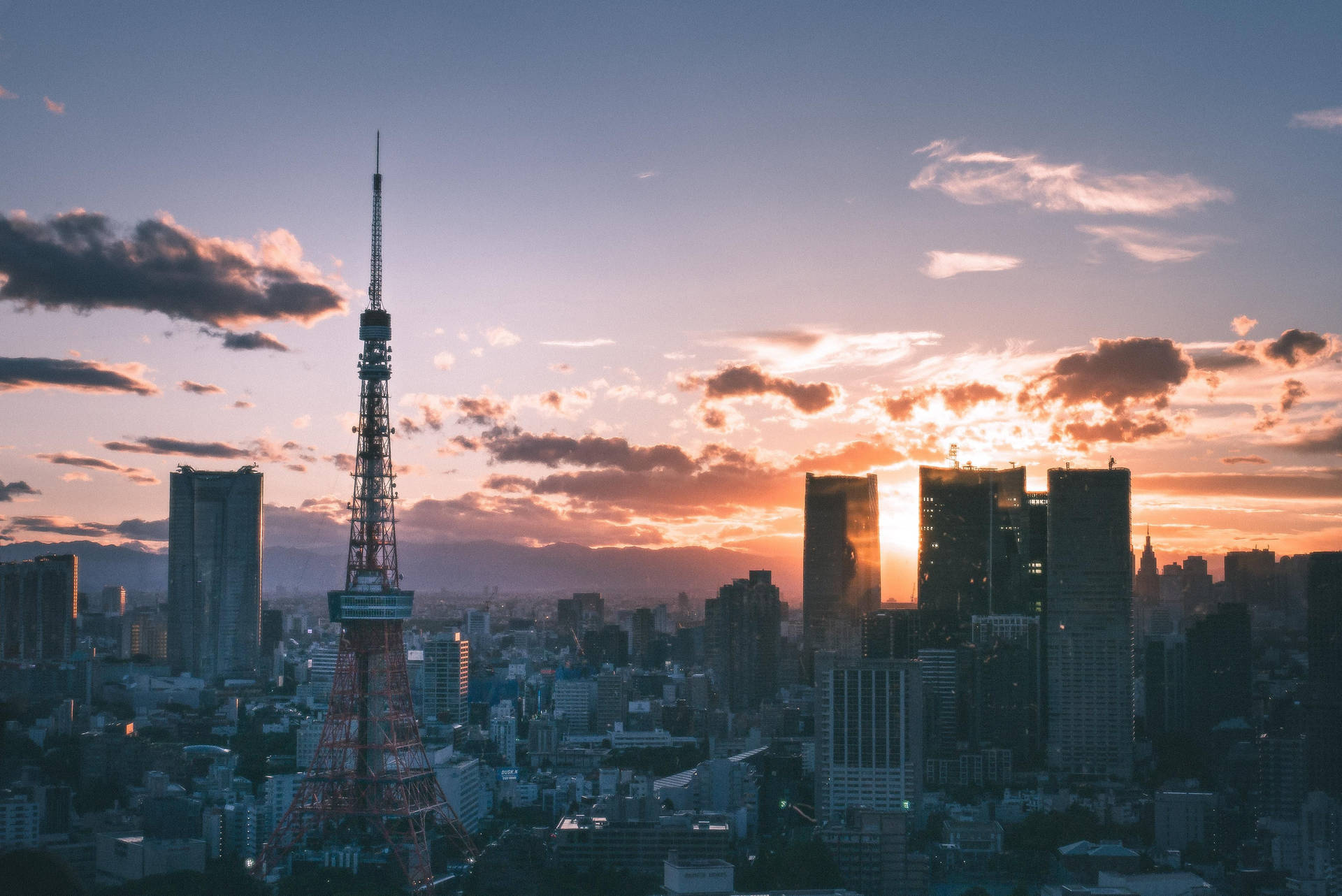 Sunset Tower View In Fukuoka Background
