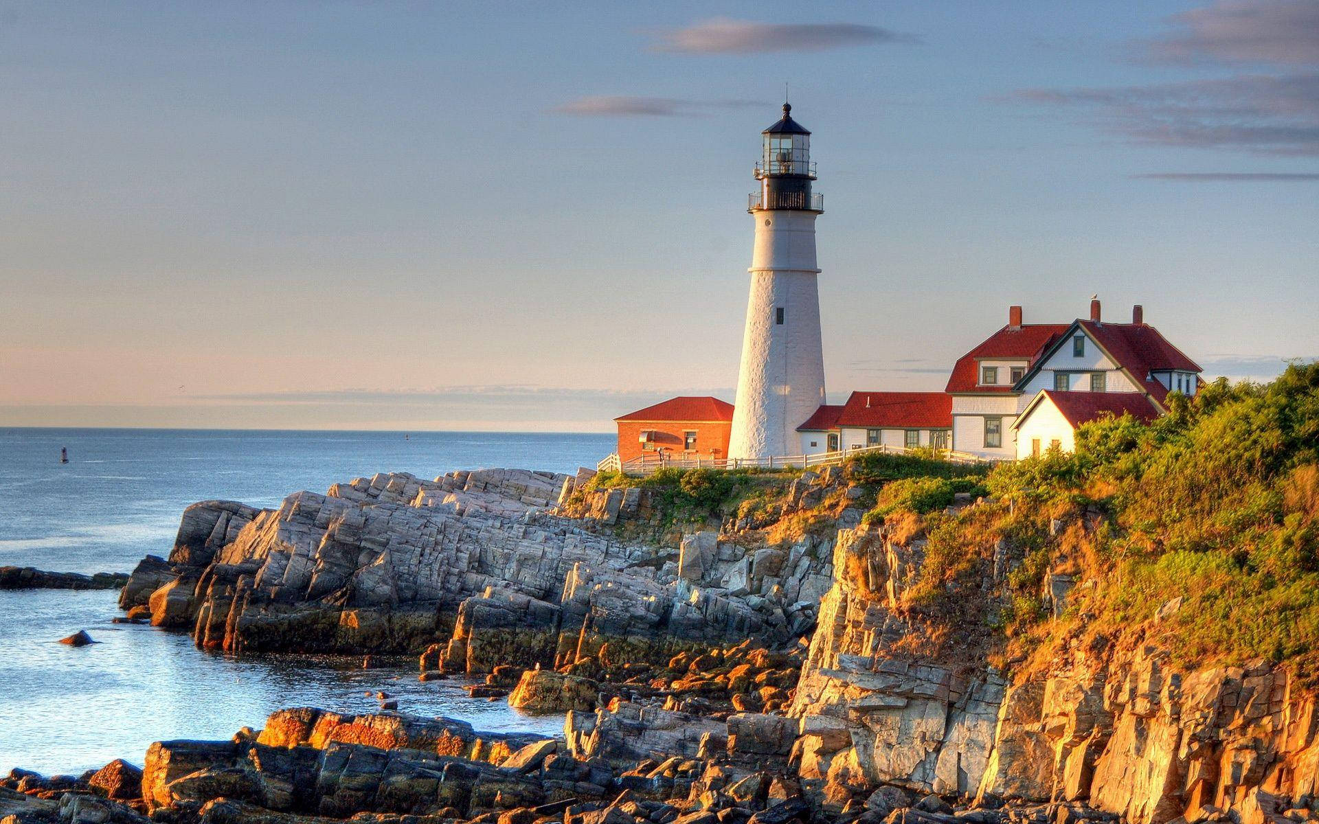 Sunset Town Lighthouse Background