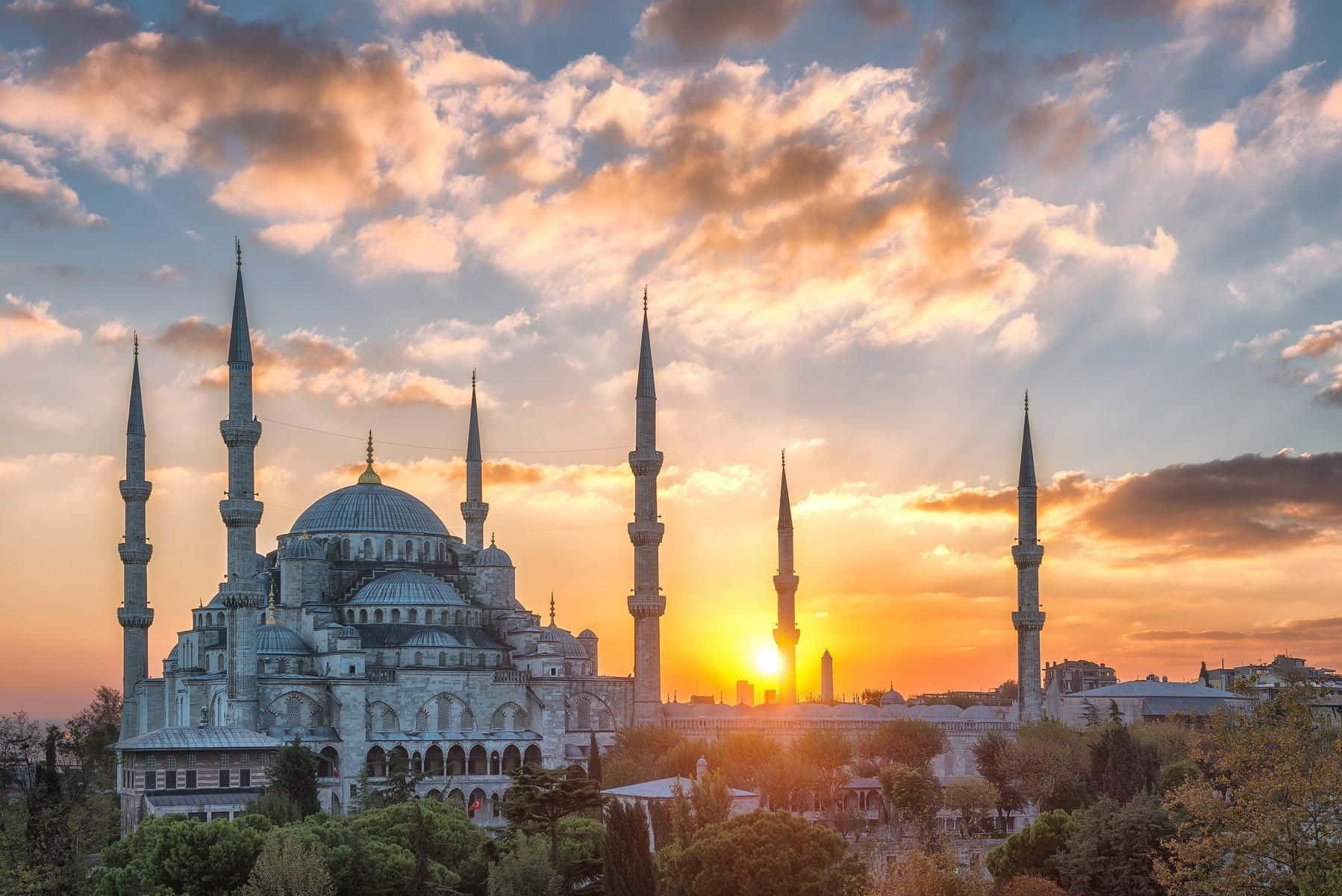 Sunset View In Blue Mosque Background