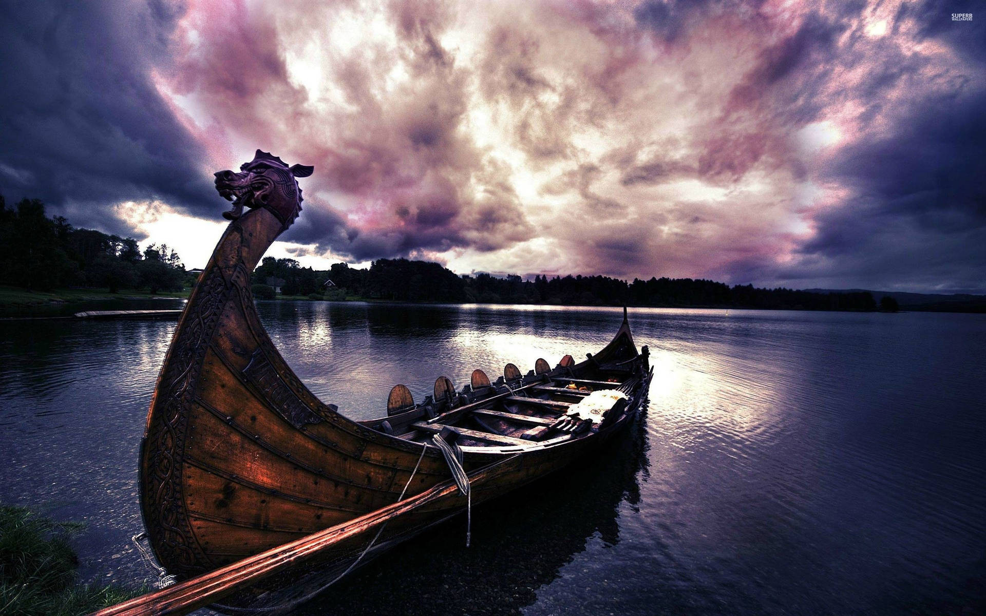 Sunset Viking Ship Hd Background