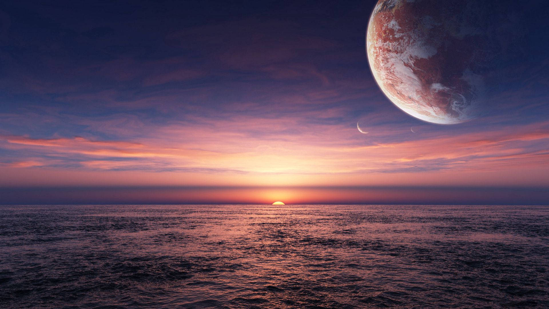 Sunset With Giant Planet Background