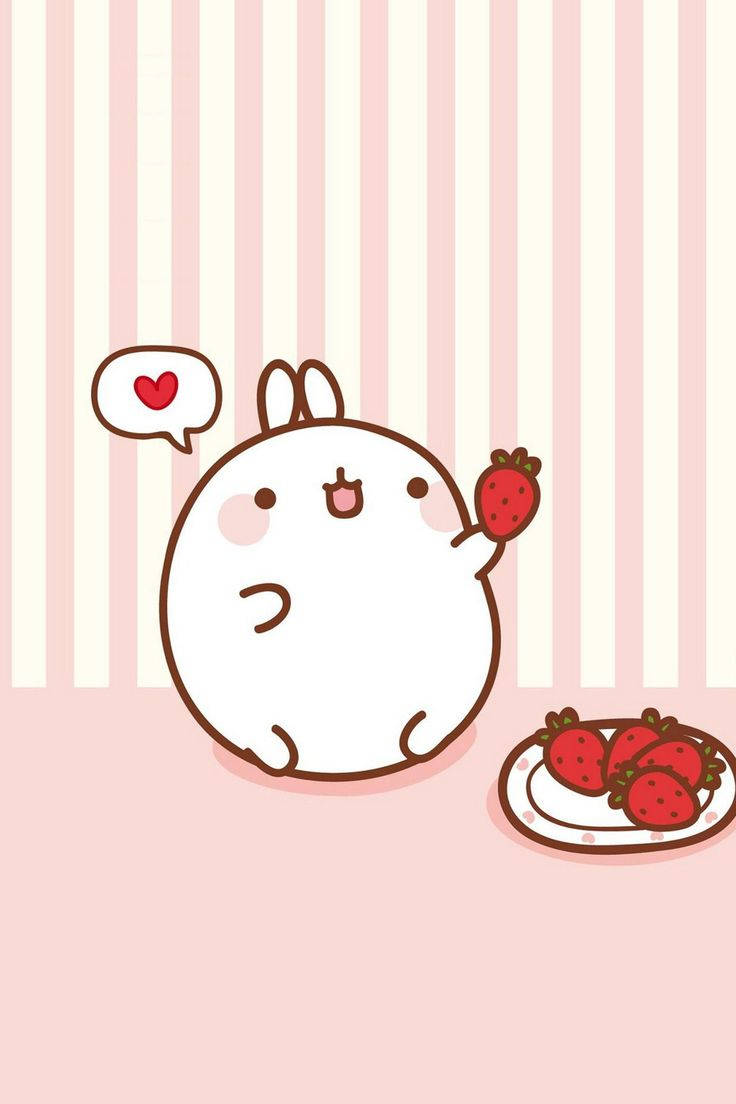 Super Cute Kawaii Pusheen Cat Holding A Strawberry Background