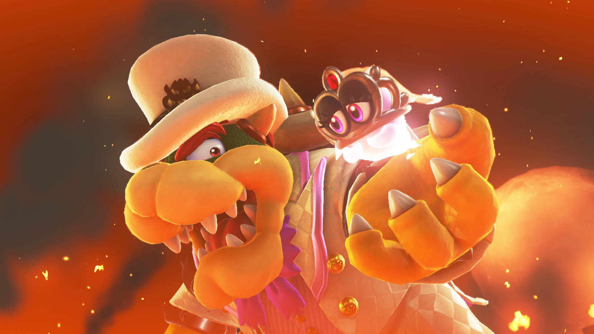 Super Mario Odyssey Bowser And Tiara In Flames Background