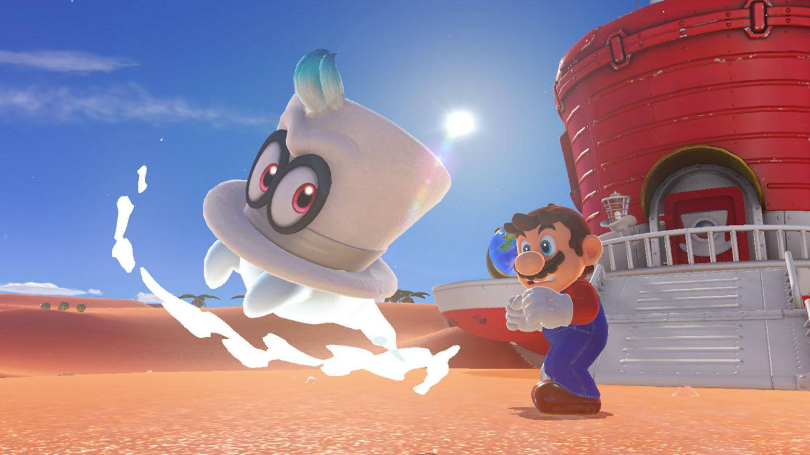 Super Mario Odyssey Cappy Flying Away From Mario Background
