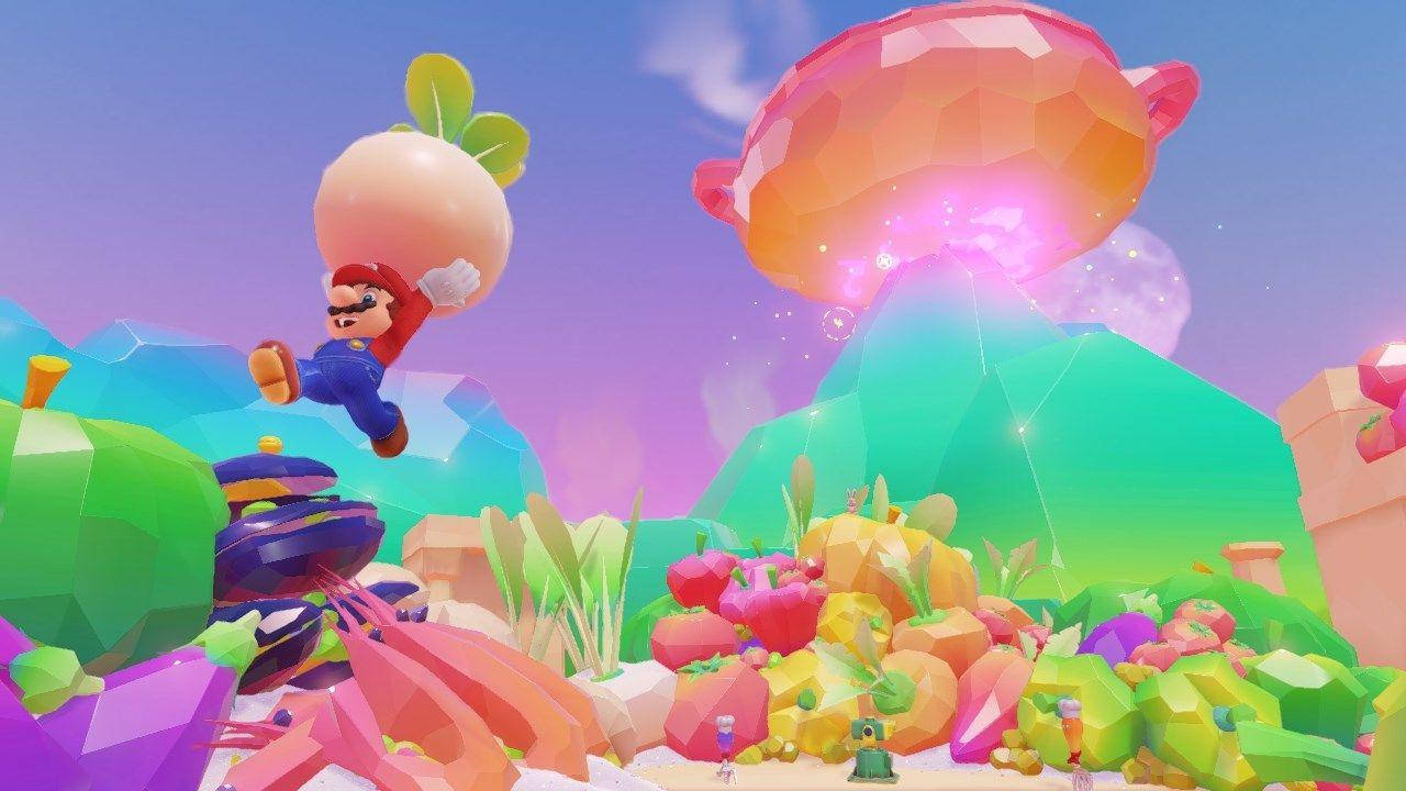 Super Mario Odyssey Mario Carrying Radish In Luncheon Kingdom Background