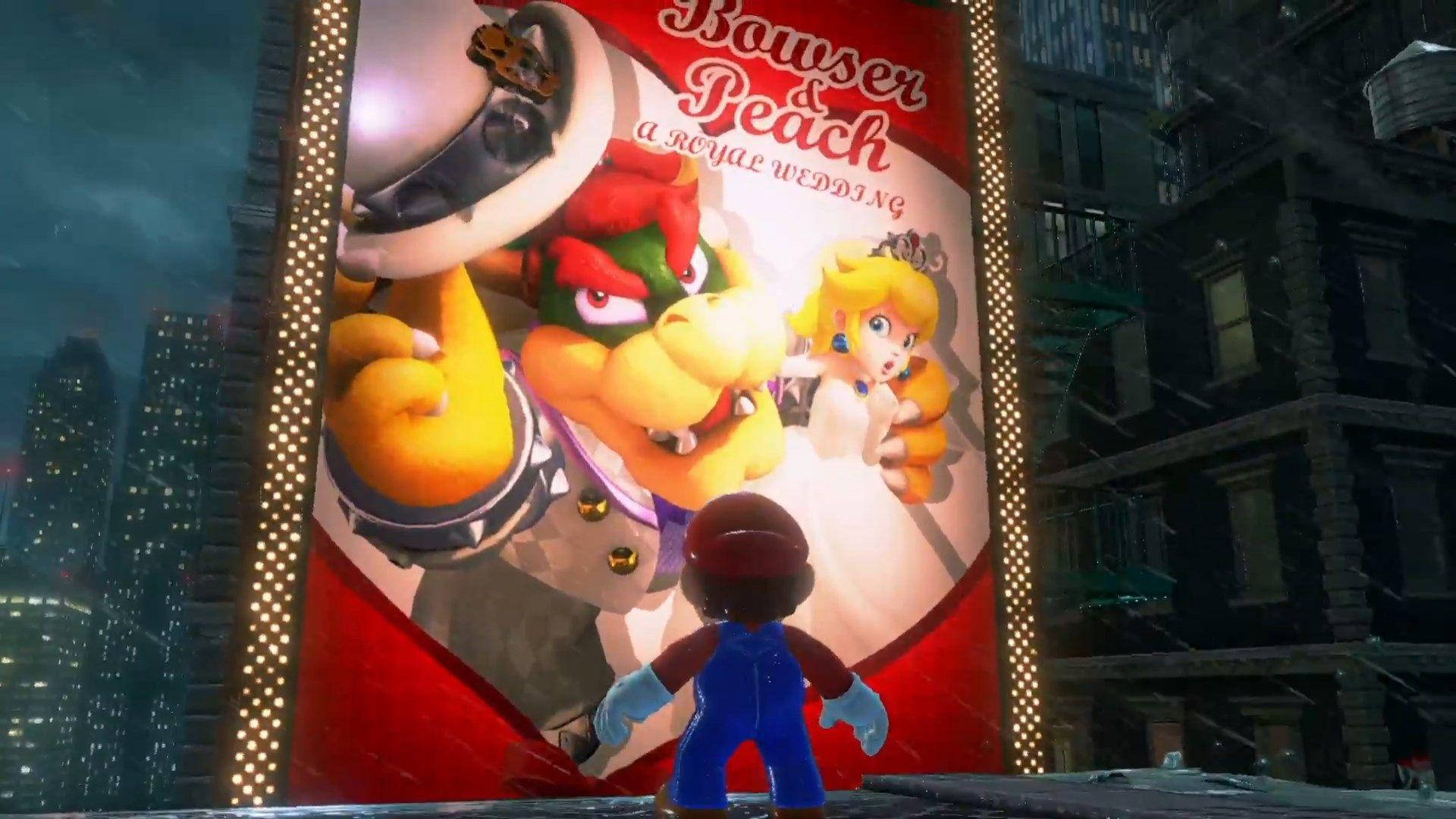 Super Mario Odyssey Mario In Front Of Wedding Billboard Background