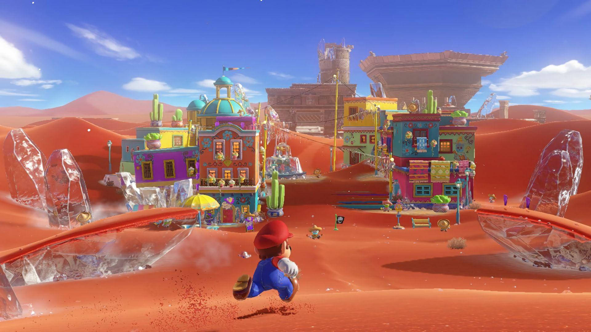 Super Mario Odyssey Mario Running To Sand Kingdom Background