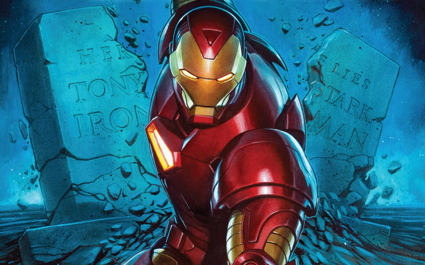 Superhero Iron Man Destroying His Tombstone Background