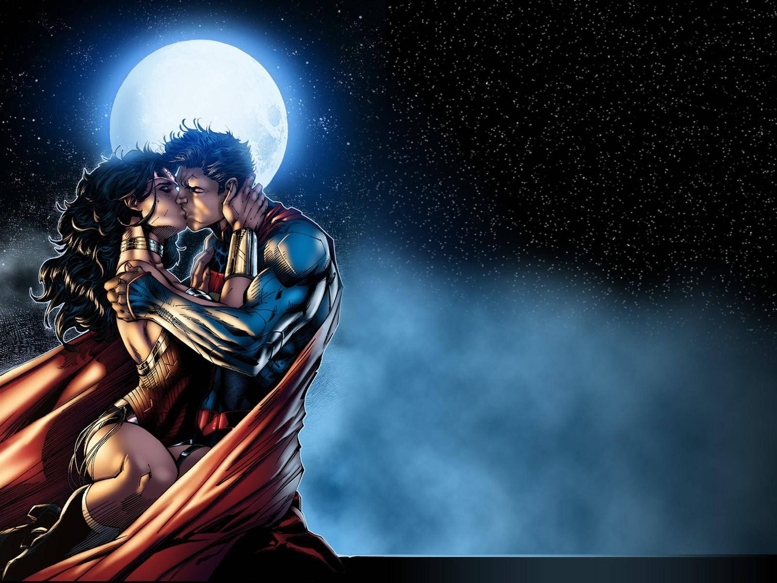 Superman And Wonder Woman Kissing In Front Of The Moon Background