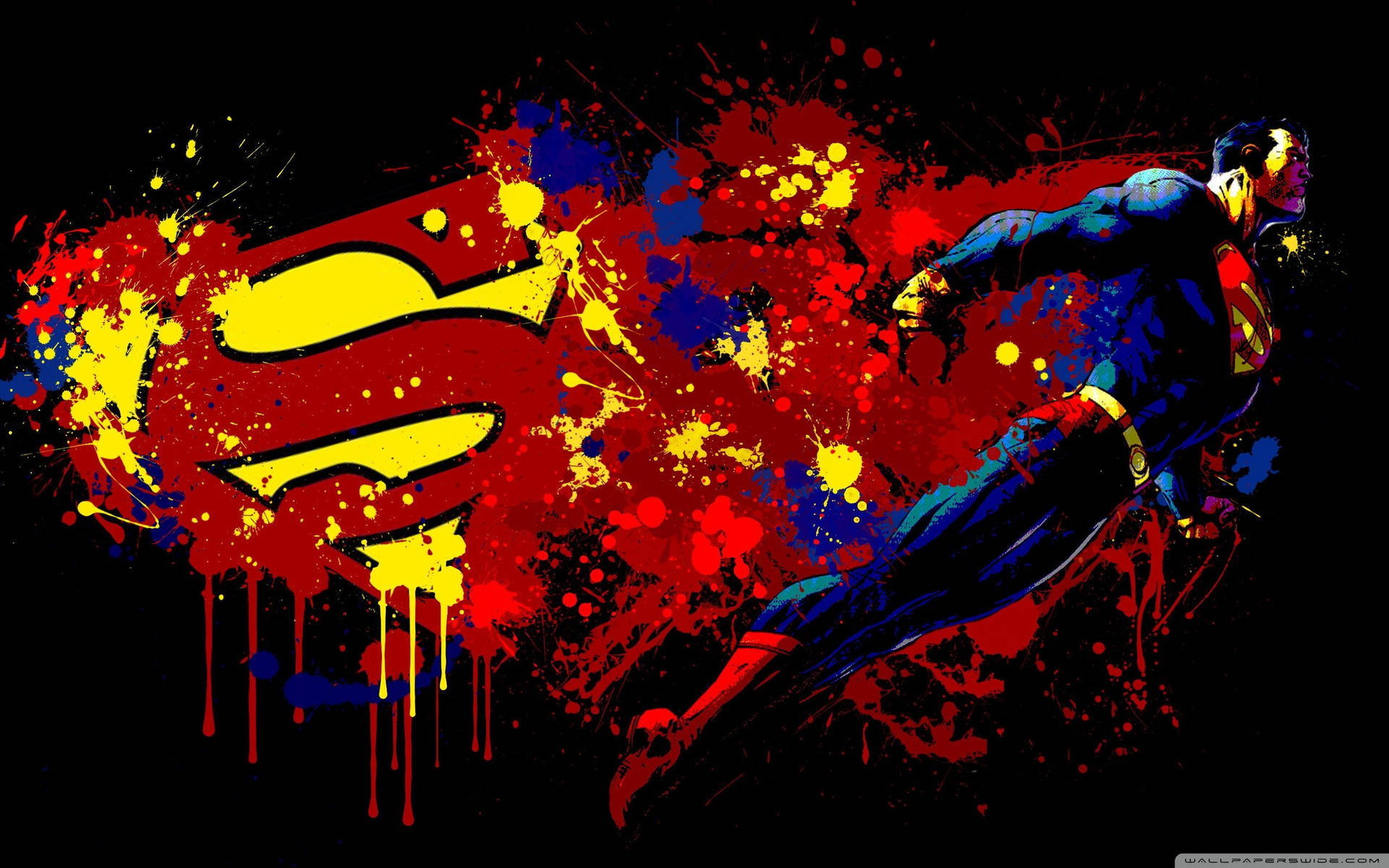 Superman Flying In The Air With Paint Splatters Background